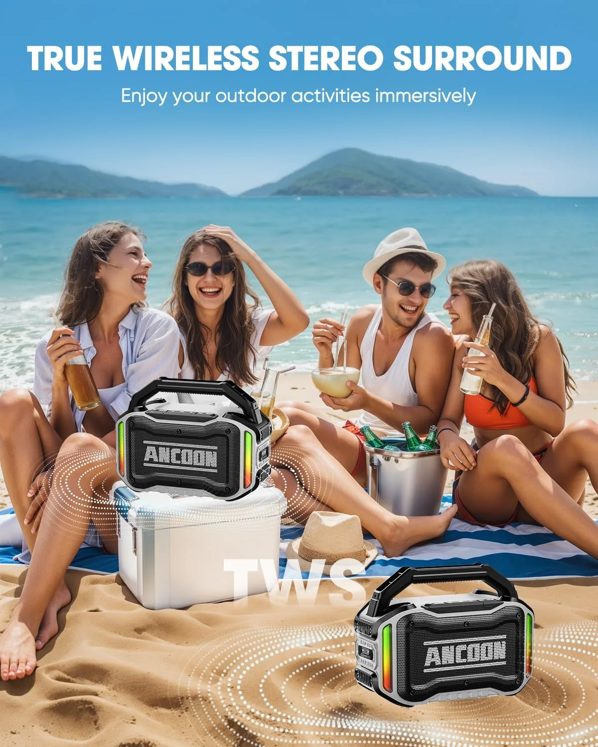 ANCOON Speakers Bluetooth Wireless: 80W(Peak) Loud Speaker with Bass, 20H Playtime, IPX6 Waterproof, Large Jobsite Speakers for Work, Outdoor, Workshop, Garage, Portable Speaker with TWS (White)