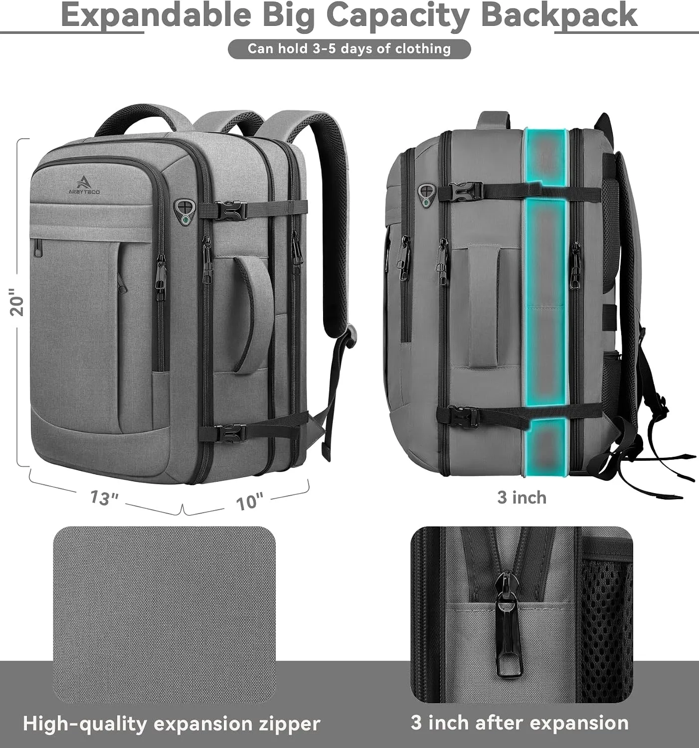 AREYTECO Carry On Backpack, 50L Extra Travel Laptop Backpack for Men Women
