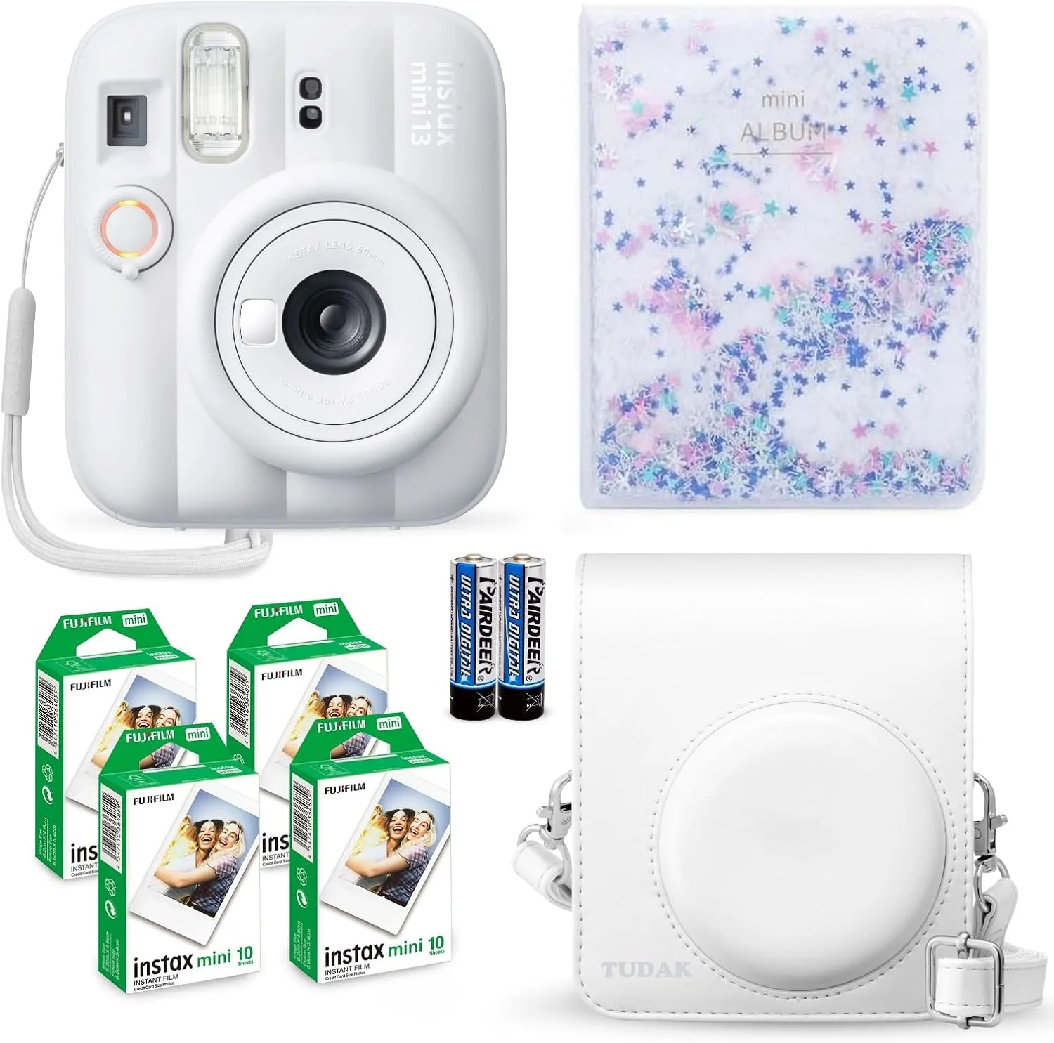 Fujifilm Instax Mini 13 Instant Camera Clay White + Fuji Film Value Pack (40 Sheets) + Tudak Accessories Bundle, Incl. Compatible Carrying Case, Quicksand Beads Photo Album 64 Pockets