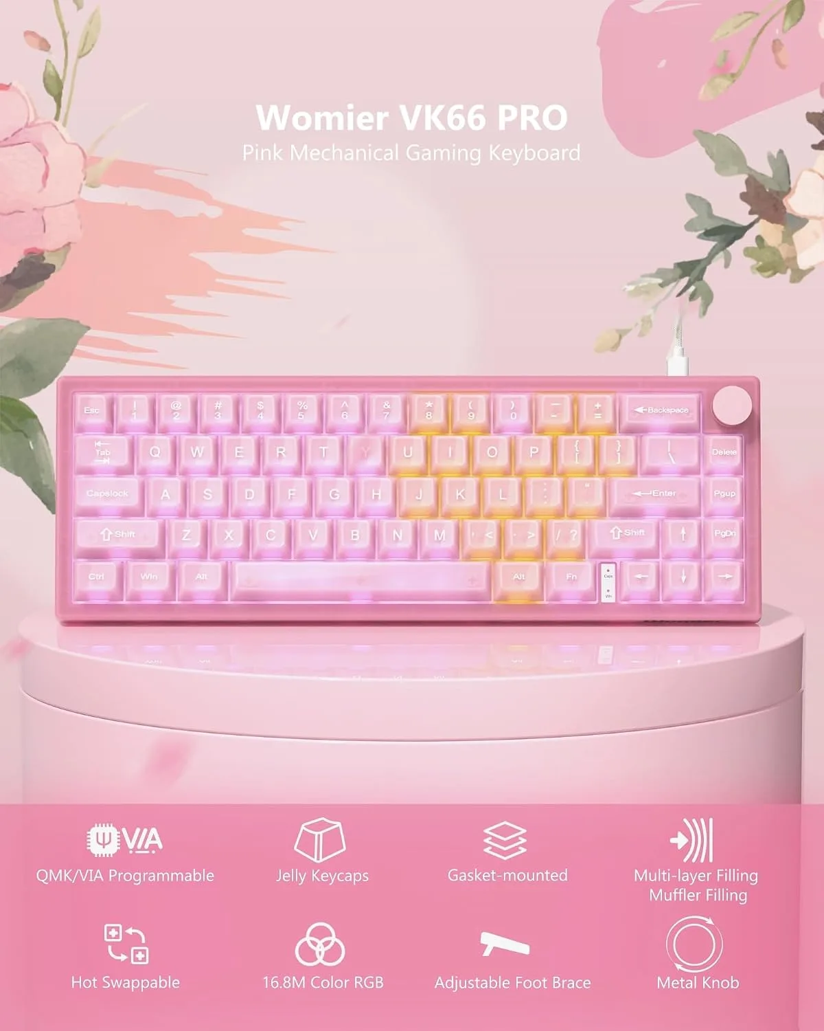 Womier 60% Keyboard QMK/VIA, Pink Gaming Mechanical Keyboard Creamy