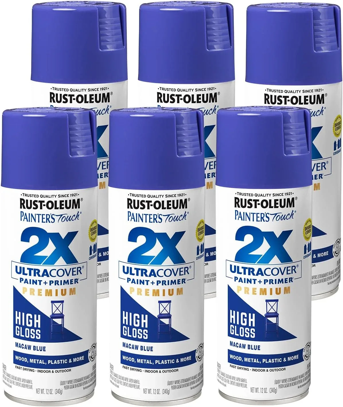 Rust-Oleum 355057-6PK Painter's Touch 2X Ultra Cover Spray Paint, 12 oz, High Gloss Macaw Blue, 6 Pack