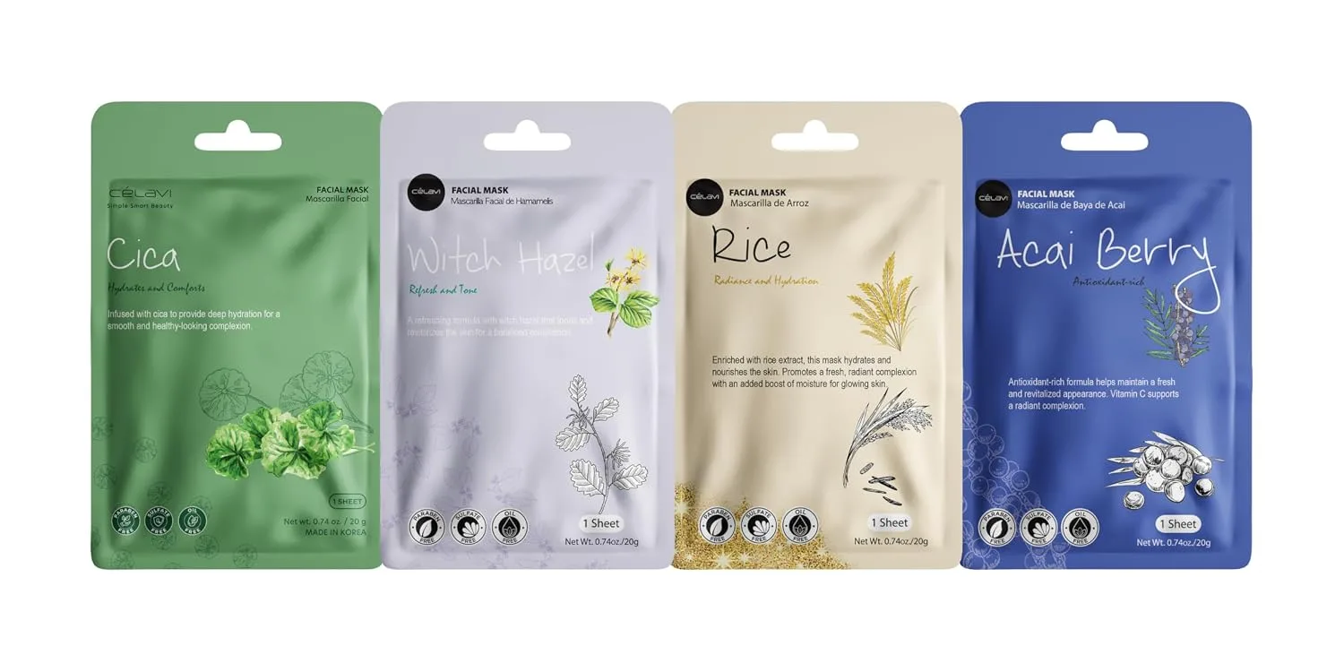 Celavi Korean Face Mask Sheet Set, Spa Masks, 12 Pack Cica