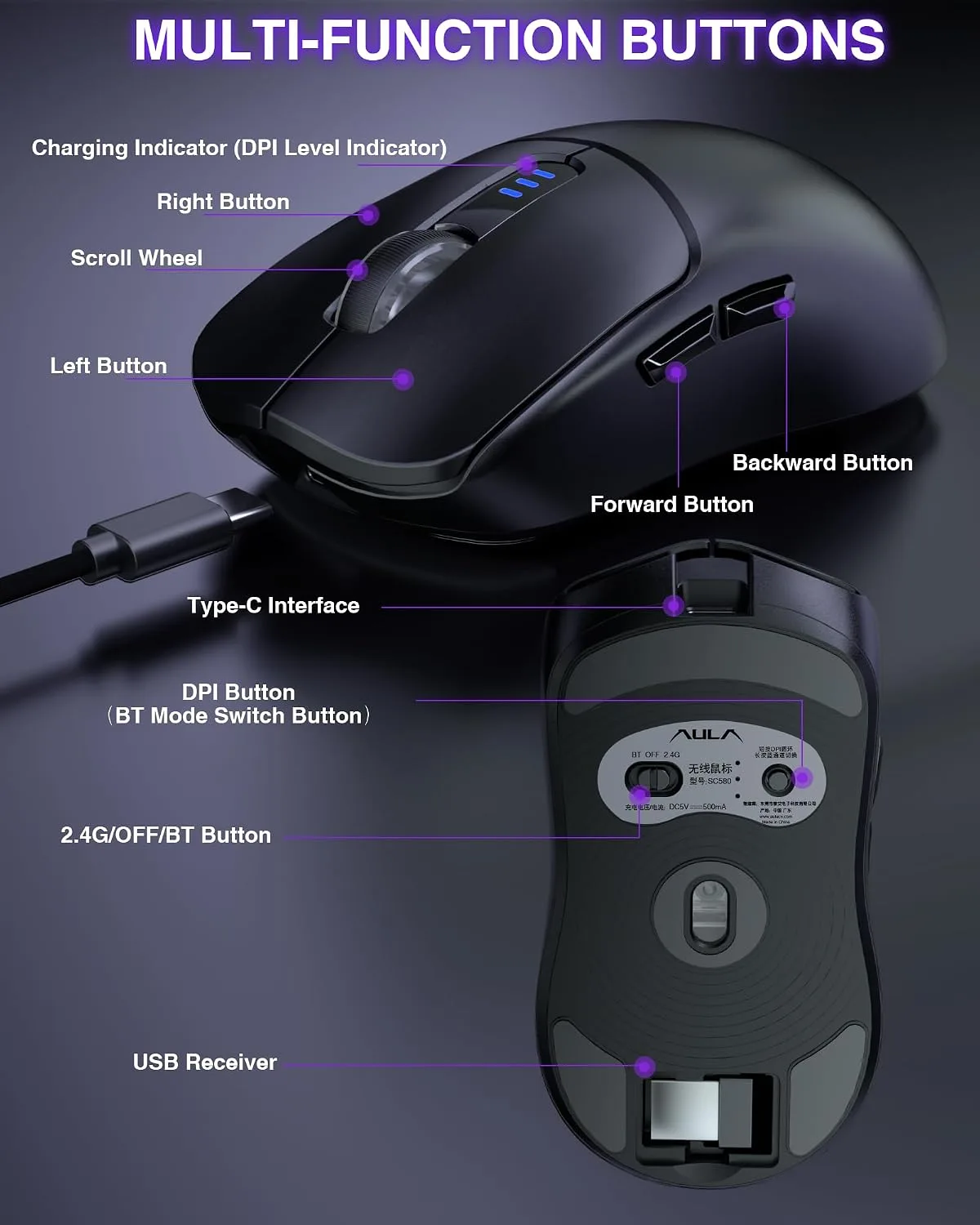 AULA SC580 Wireless Gaming Mouse, Tri-Mode Black Gaming Mice & 12000 DPI