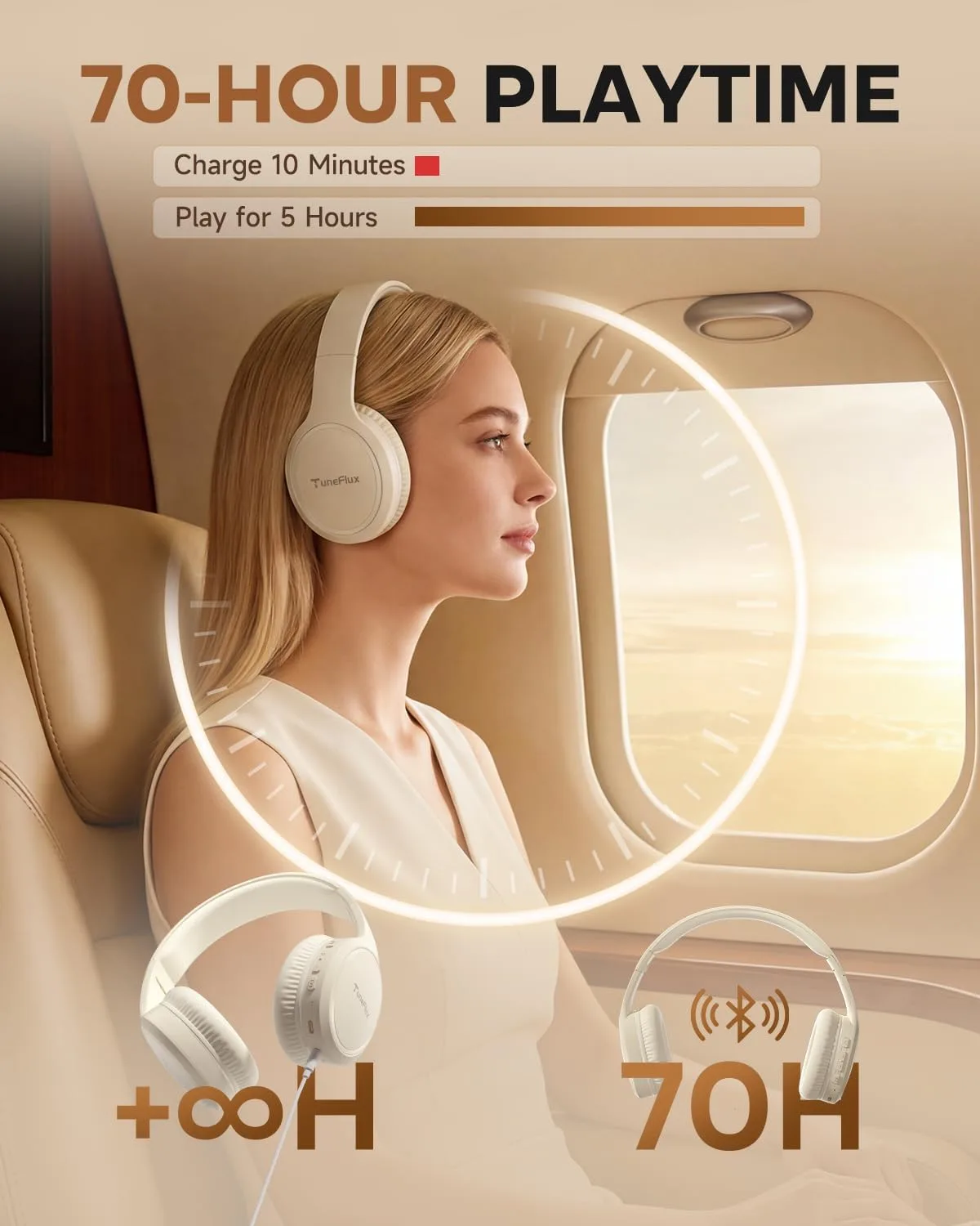 TuneFlux Bluetooth Headphones, 70H Playtime, Over-Ear, 3 EQ Modes-Beige