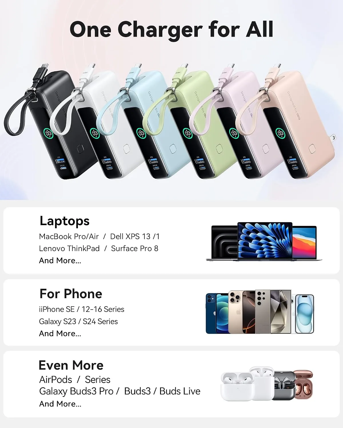 INIU 30W Fast Charging Portable Charger, with Built-in Cable & AC Wall Plug