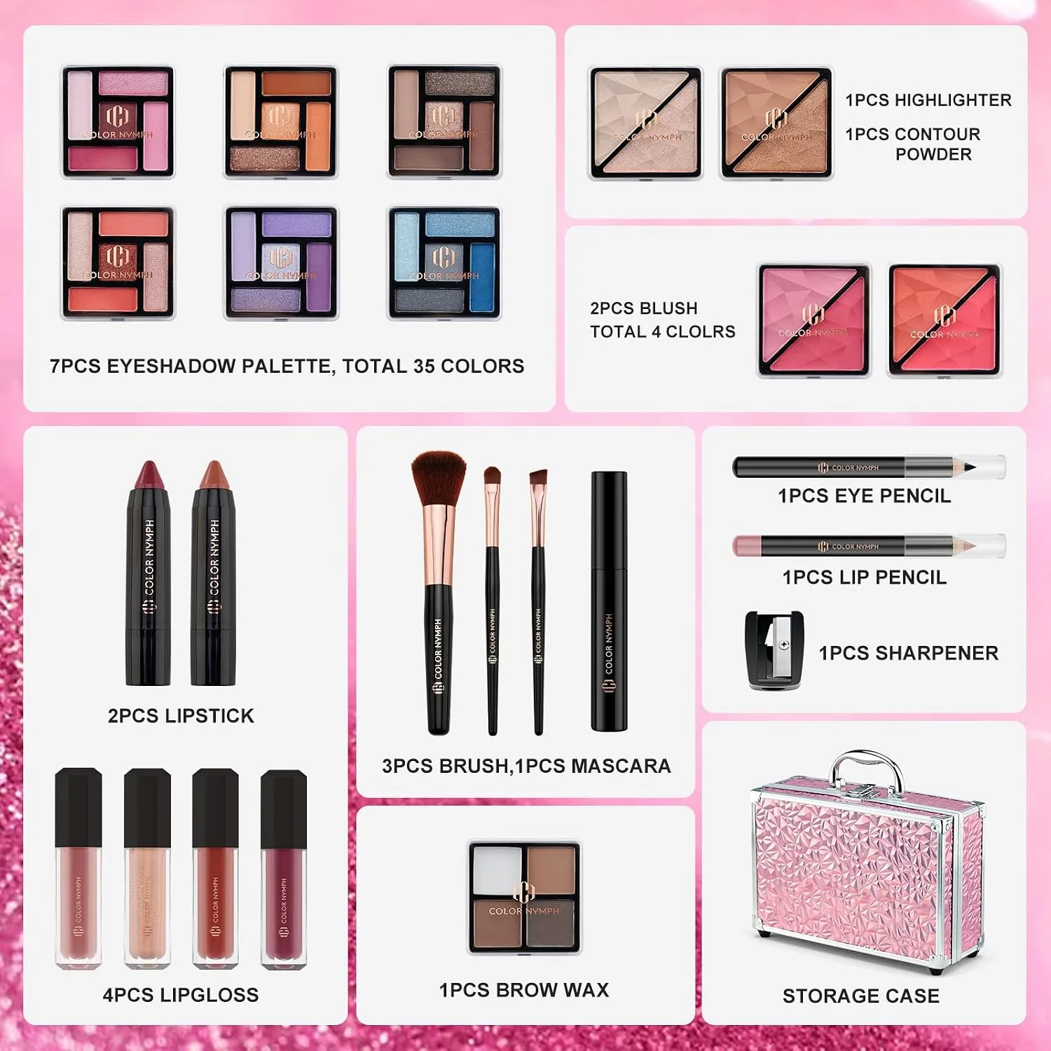 Color Nymph Makeup Kit for Teen Girls - Birthday Gift Set, Pink Train Case