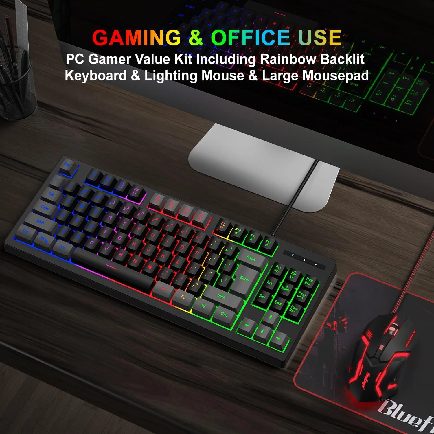 BlueFinger RGB 87 Keys Gaming Keyboard and Backlit Mouse Combo, USB Wired Rainbow Keyboard, Gaming Keyboard Set for Laptop PC Computer Game and Work(Gray & Black)