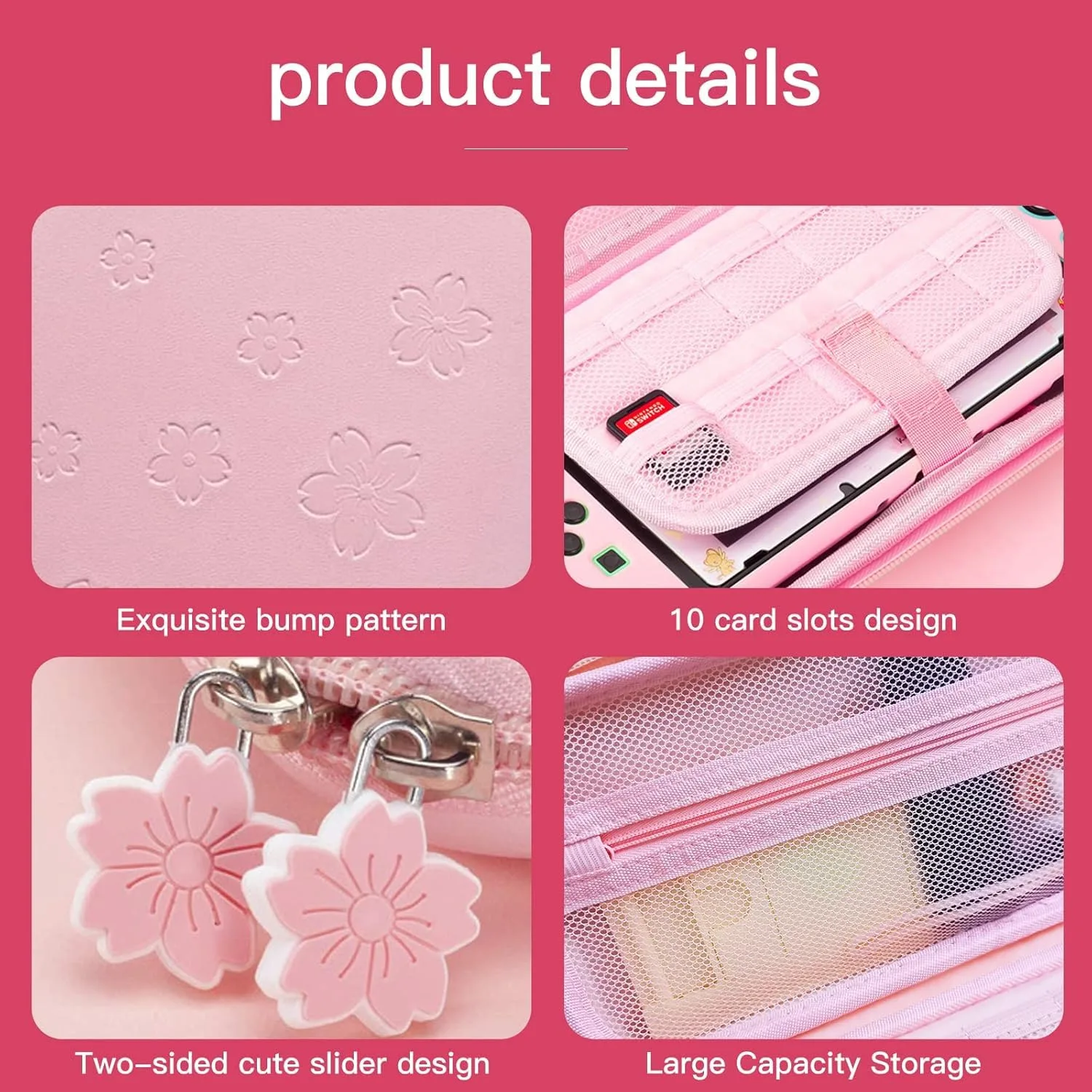 Pink Travel Carrying Case Accessories Kit Compatible with Nintendo Switch OLED.Pink Switch OLED Hard Protective Cover,Adjustable Stand,Screen Protector & Cute Thumb Grips 10 in 1 Gift.