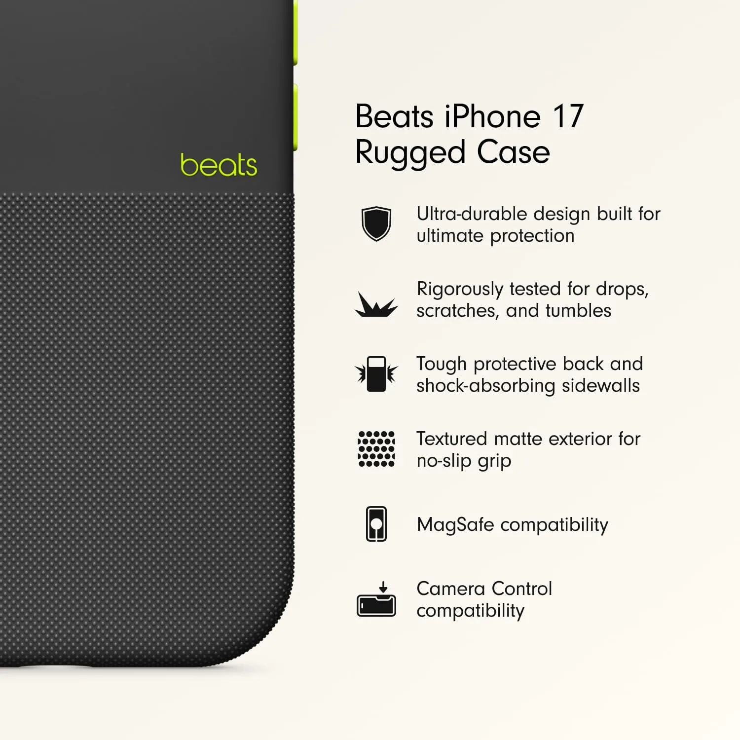 Beats iPhone 17 Rugged Case with MagSafe & Camera Control, Scratch & Drop Tested, Matte Texture with Microfiber Lining - Everest Black