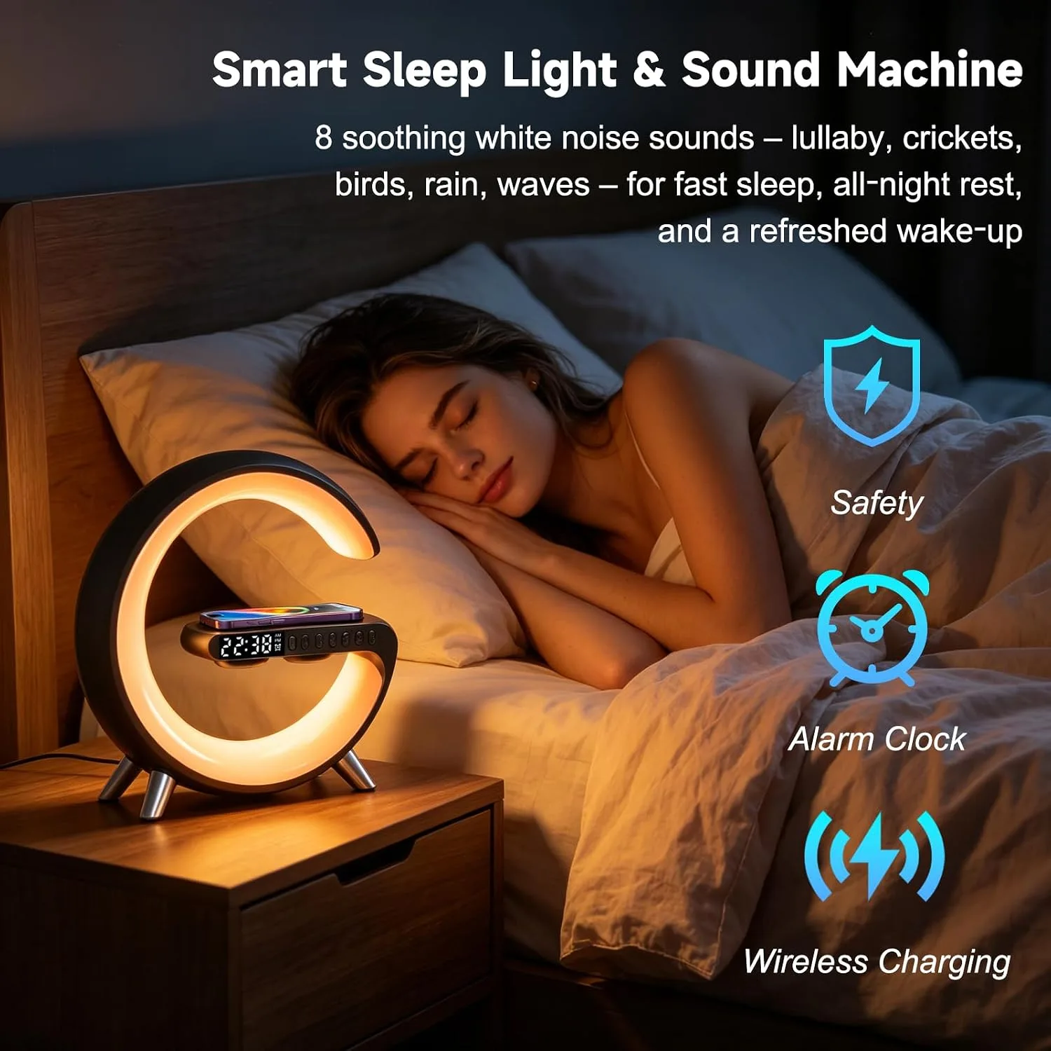 Smart LED Table Lamp, 4 in 1 RGB Night Light, Alarm Clock, Wireless Charger, Bluetooth Speaker with App Control, G-Shape Bedside Atmosphere Lamp for Bedroom Office Home Decor, Teen Girls Boys Gifts