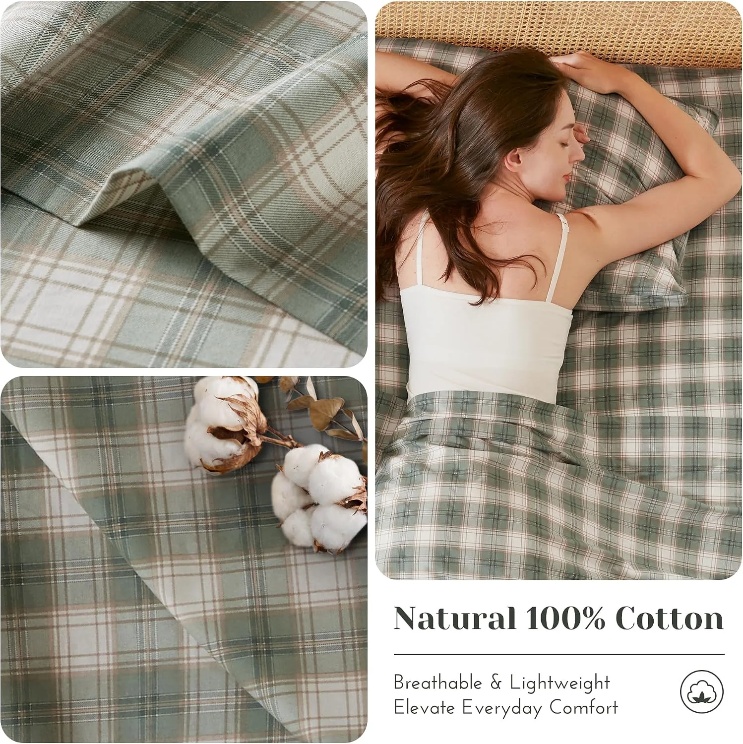 Comfort Spaces 100% Cotton Percale Sheets Queen Size 4 Piece, Wesley Green