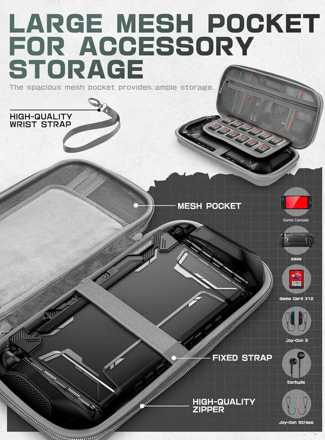 Mumba Carrying Case for Nintendo Switch 2 [Fits Console with Protective Case On][2025 Plus Version] Hard Shell Travel Handbag Pouch with 12 Game Card Slots, Large Capacity for Accessories, (Gray)