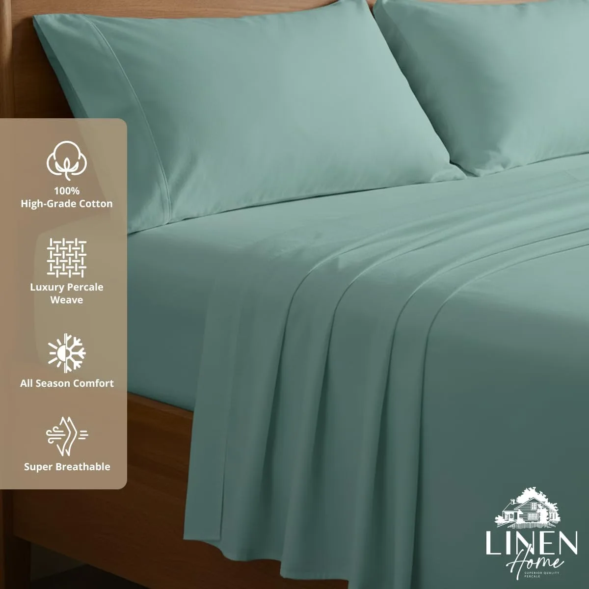 Linen Home 100% Cotton Percale King Sheets, 4 Pc Cooling Set - Aqua Blue