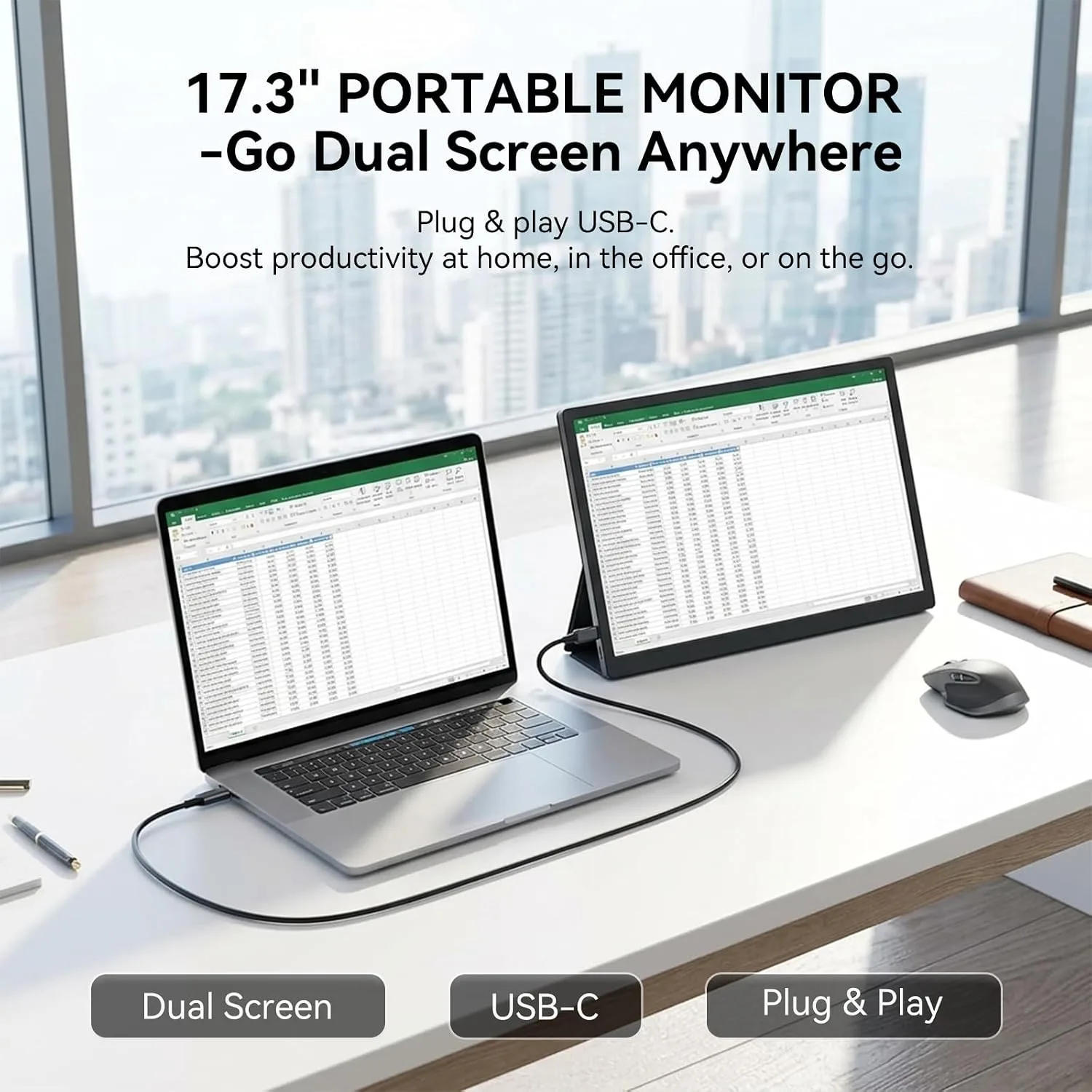 17.3 Inch Portable Monitor, USB-C HDMI Large Screen Cumputer Extender