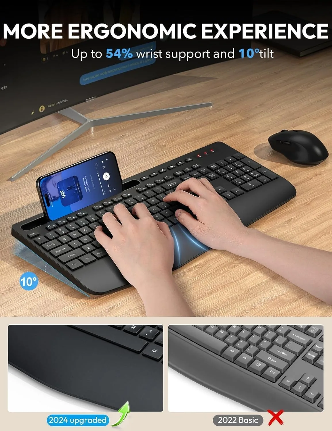 Wireless Keyboard and Mouse Combo, Full Size, Ergonomic Wrist Rest, 2.4GHz