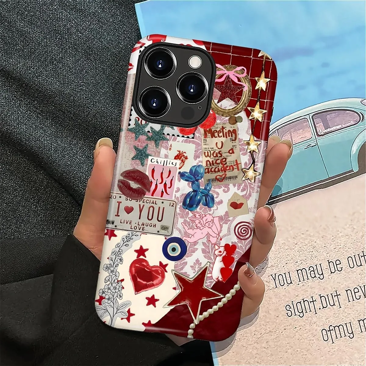 DAIZAG Case for iPhone 16 Pro,Mixed 2 Layer Design Shockproof Soft TPU Ddouble Protection Phone Case for iPhone 16 Pro-Conch Red Pearl Collage