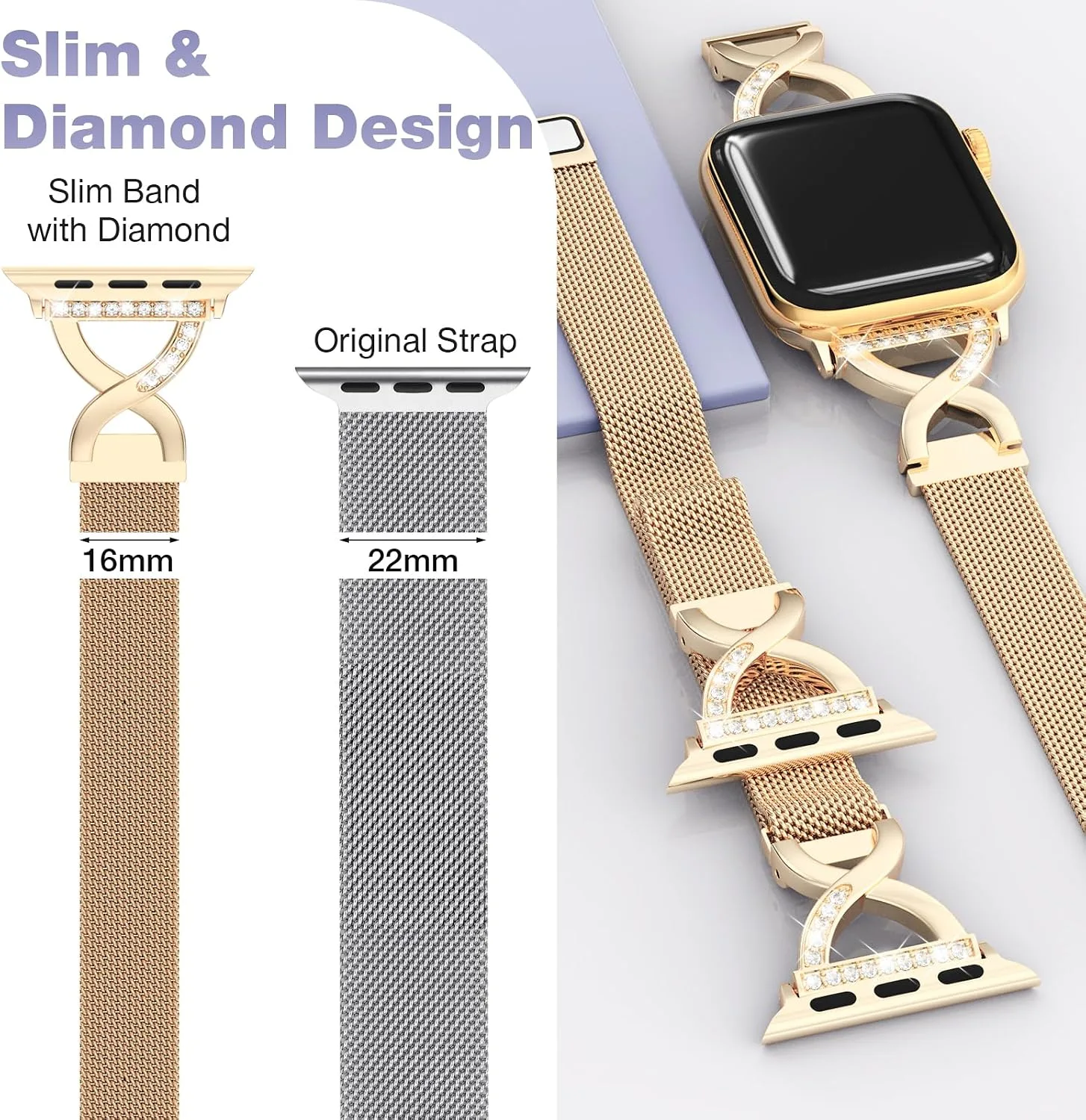 Thin Mesh Loop with X-Shape Clasp Compatible with Apple Watch Bands Women
