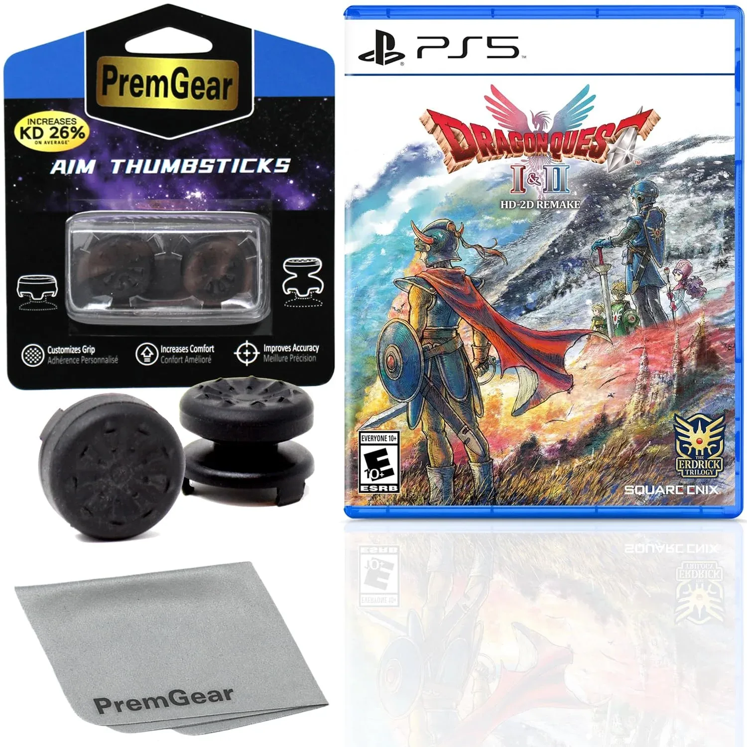 DRAGON QUEST I & II HD-2D Remake for PlayStation 5 (US Version), with PremGear ThumbSticks (2 pack: 1 High-Rise, 1 Mid-Rise) & Cleaning Cloth