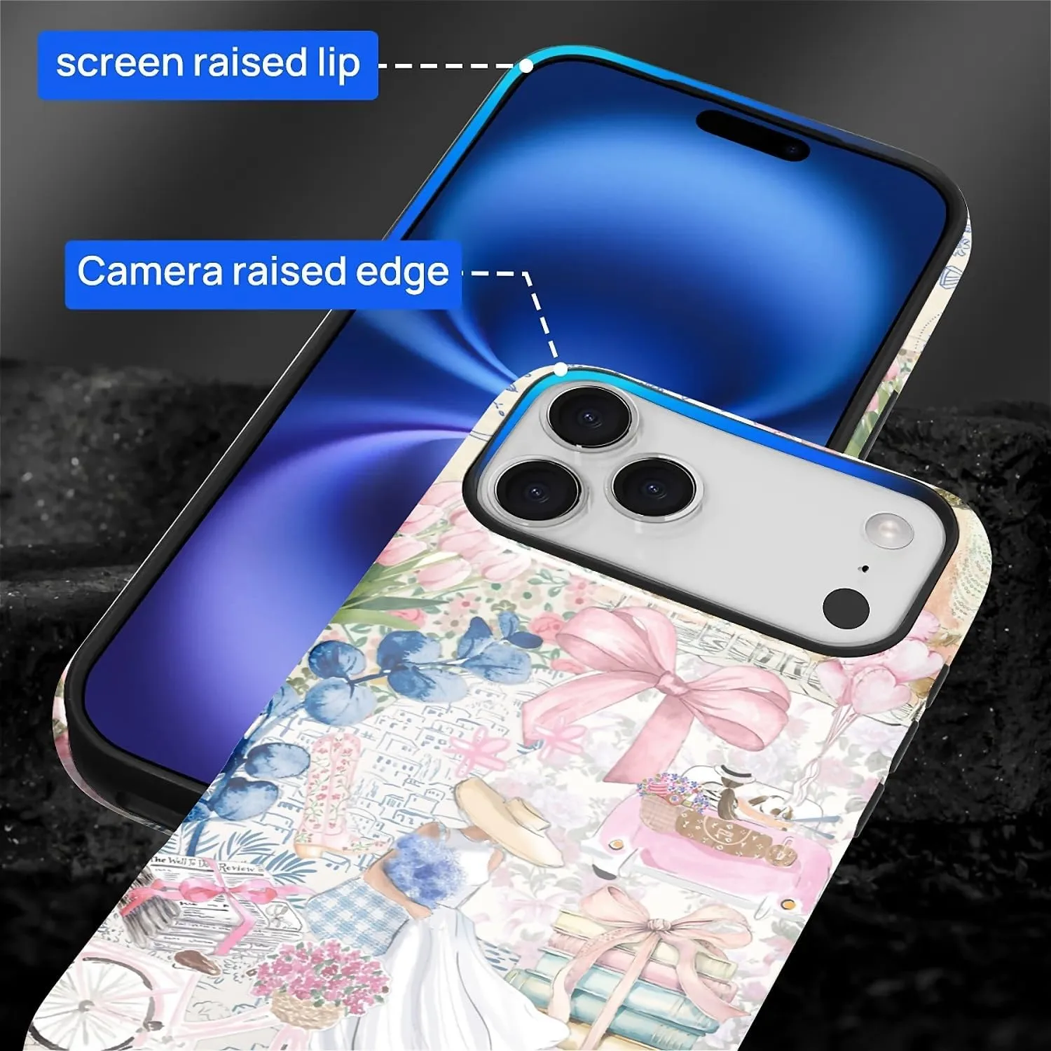DAIZAG Case for iPhone 17 Pro Max,Mixed 2 Layer Design Shockproof Soft TPU Ddouble Protection Phone Case for iPhone 17 Pro Max-Magazine Books Flower Bow Collage