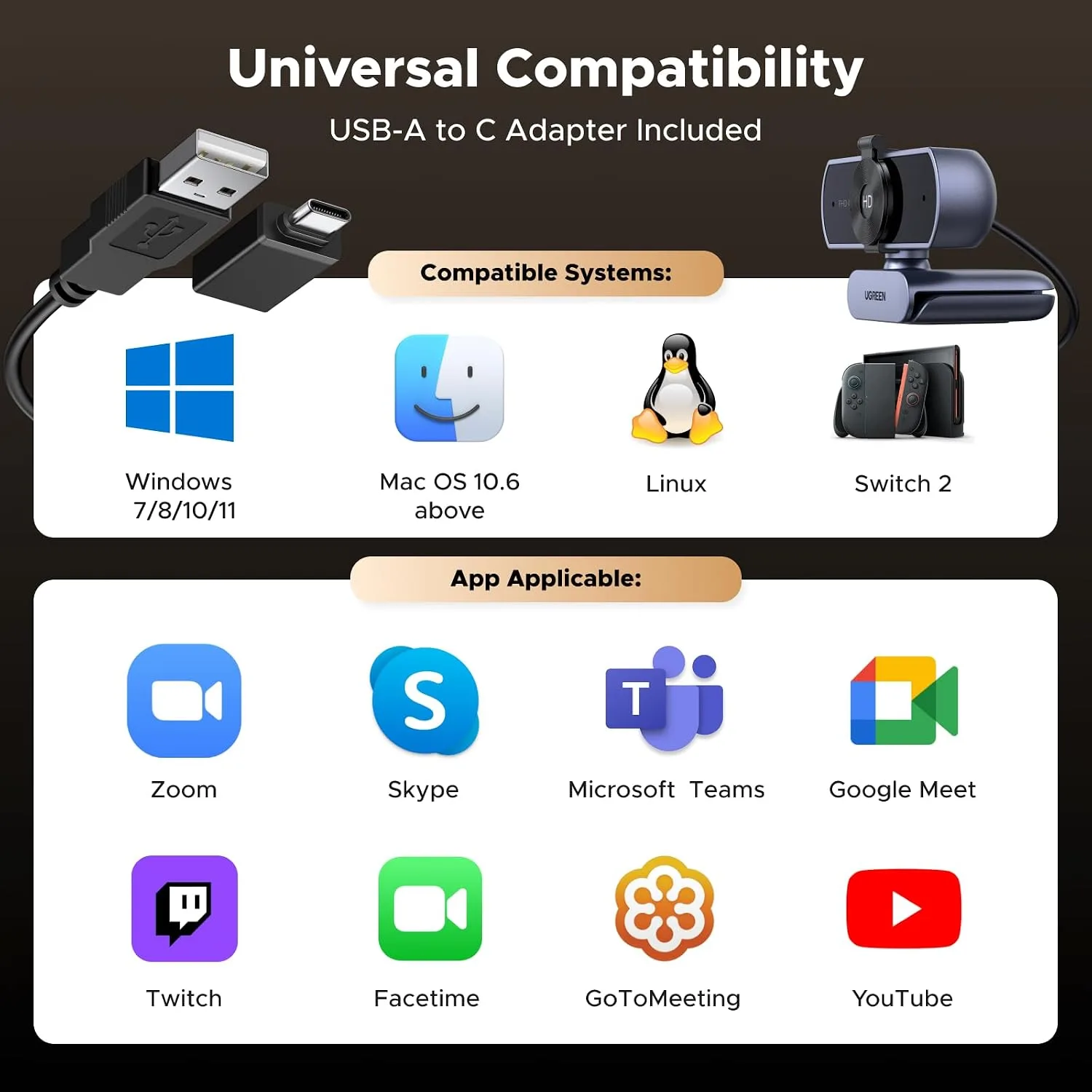 UGREEN 4K@30fps Webcam for PC Ultra HD Web Camera with Mics, Gray