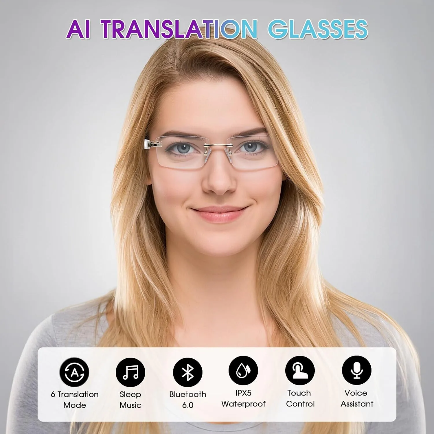 AI Translation Smart Glasses, 164 Languages, Bluetooth Glasses, Gold