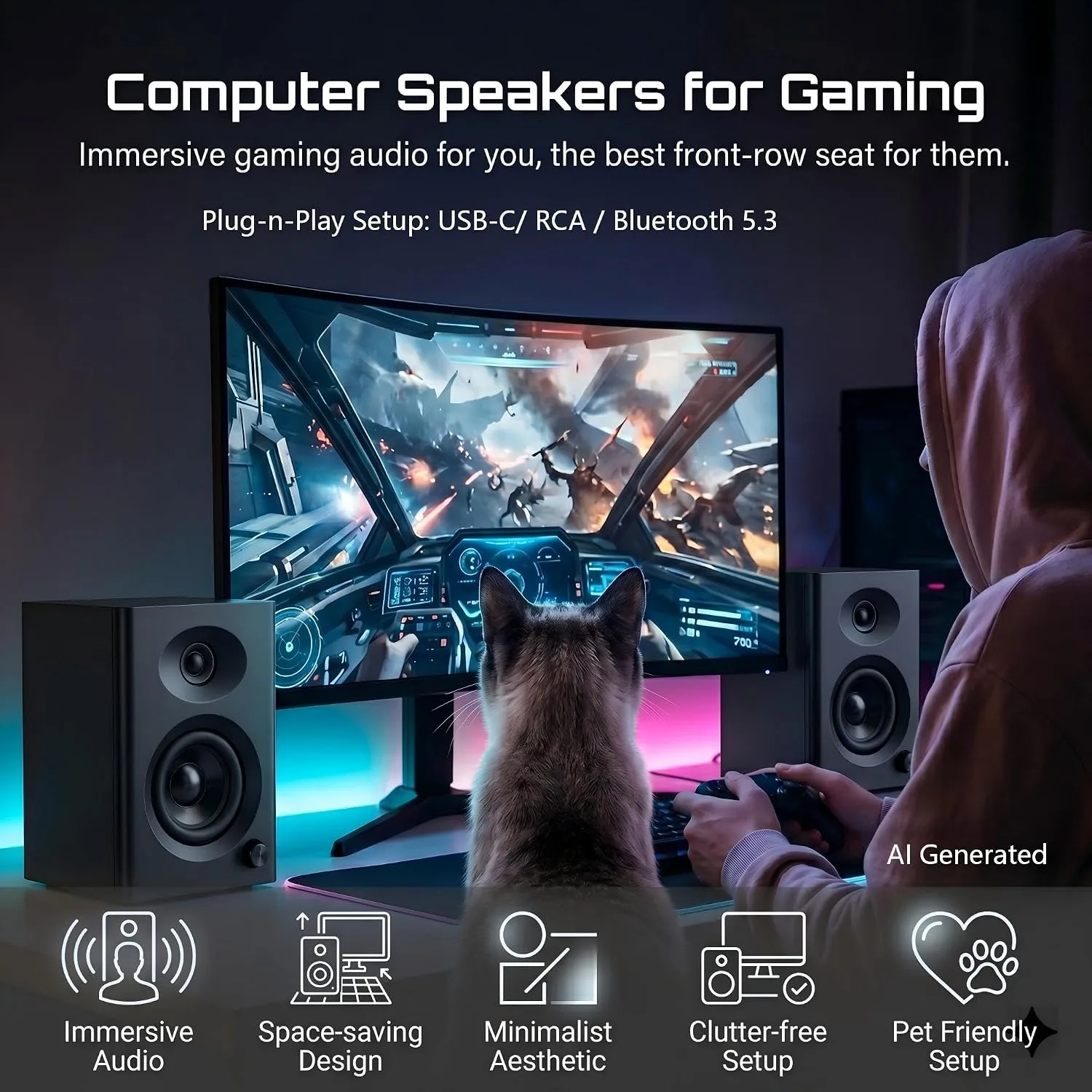 Powered Computer Speakers for Desktop PC and Music, Black Pair