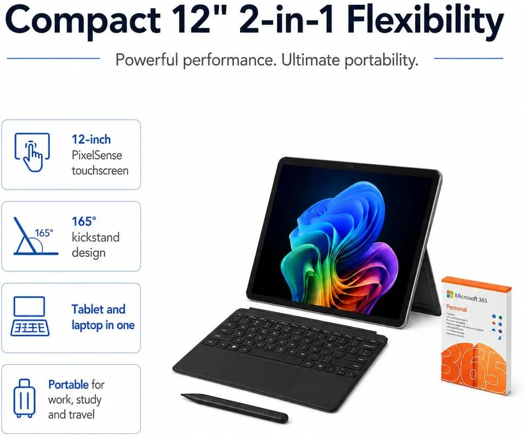 Microsoft Surface Pro 12" Copilot+ AI PC, Snapdragon X Plus, 16GB RAM, 256GB Storage, Webcam, 2-in-1 Tablet Laptop w/ Keyboard, Stylus, MS 365, Windows 11 Home (Renewed)