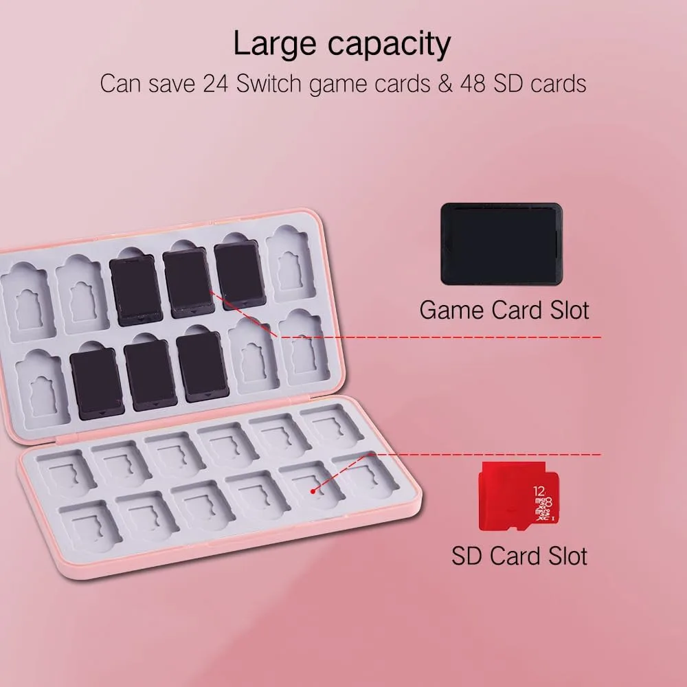 PERFECTSIGHT Cute Game Card Case for Nintendo Switch/ Switch Lite/ OLED, 24 Game Holder Cartridge Case for Game Cards and 24 SD Cards, Kawaii Portable Compact Storage Box (Rose Kitty, 24 Slots)