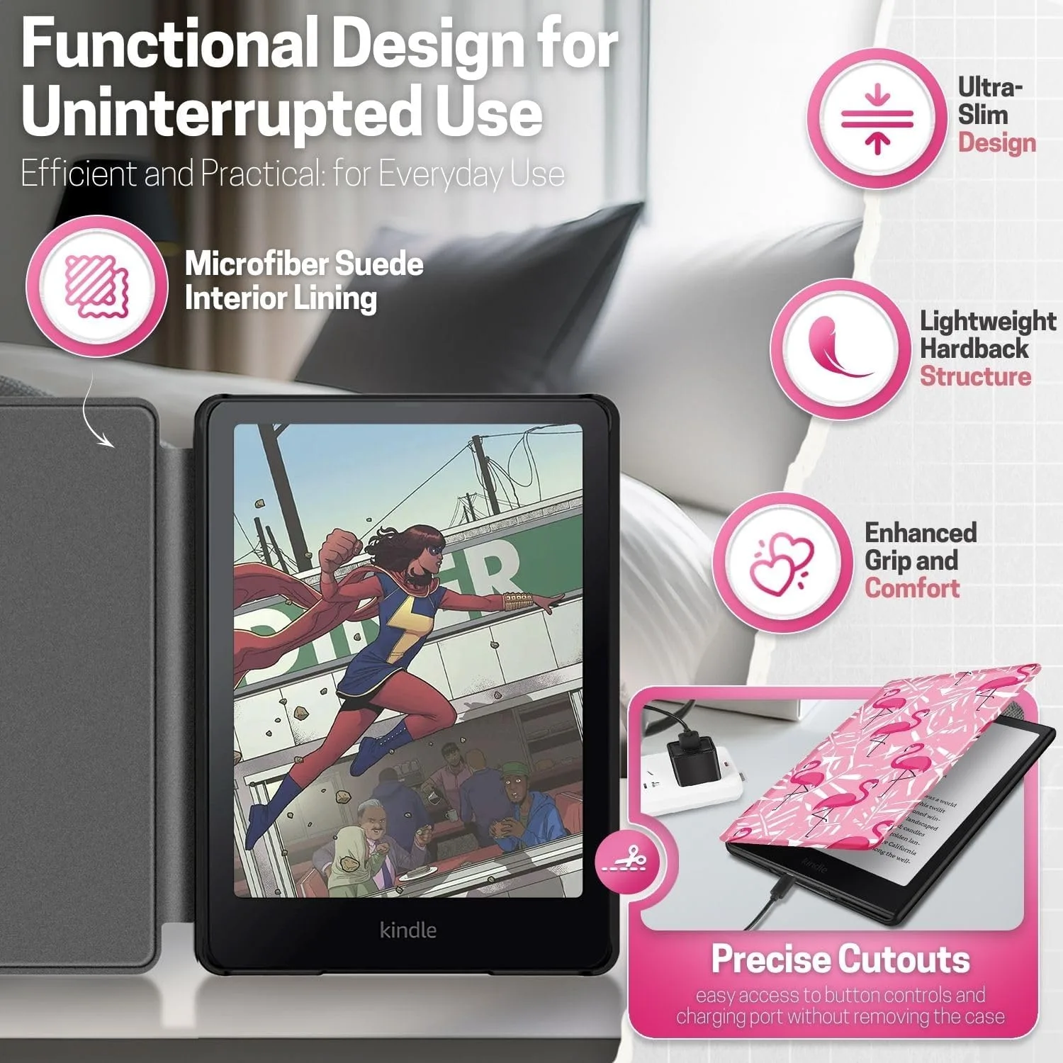 TNP Kindle Paperwhite 12th Gen Case, Colorsoft 7-Inch Cover, Pink Flamingo