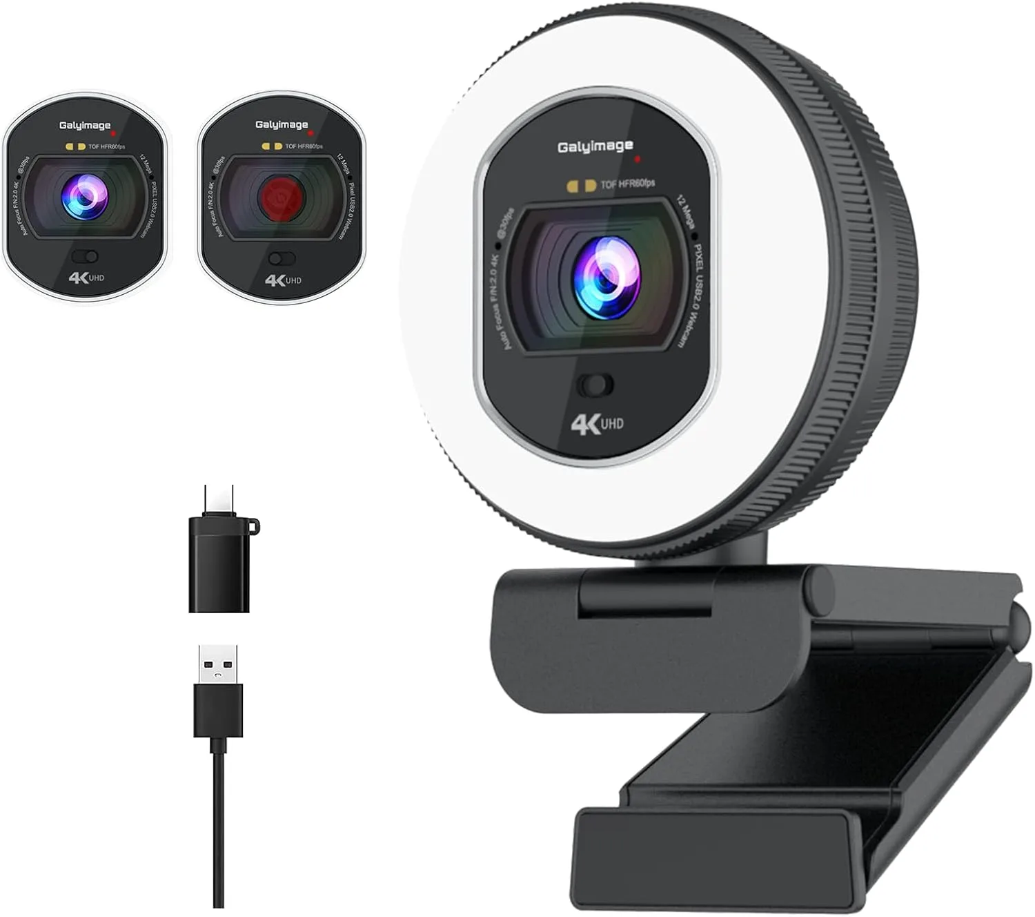 4K Webcam with Ring Light & Built-in Microphone for PC Streaming