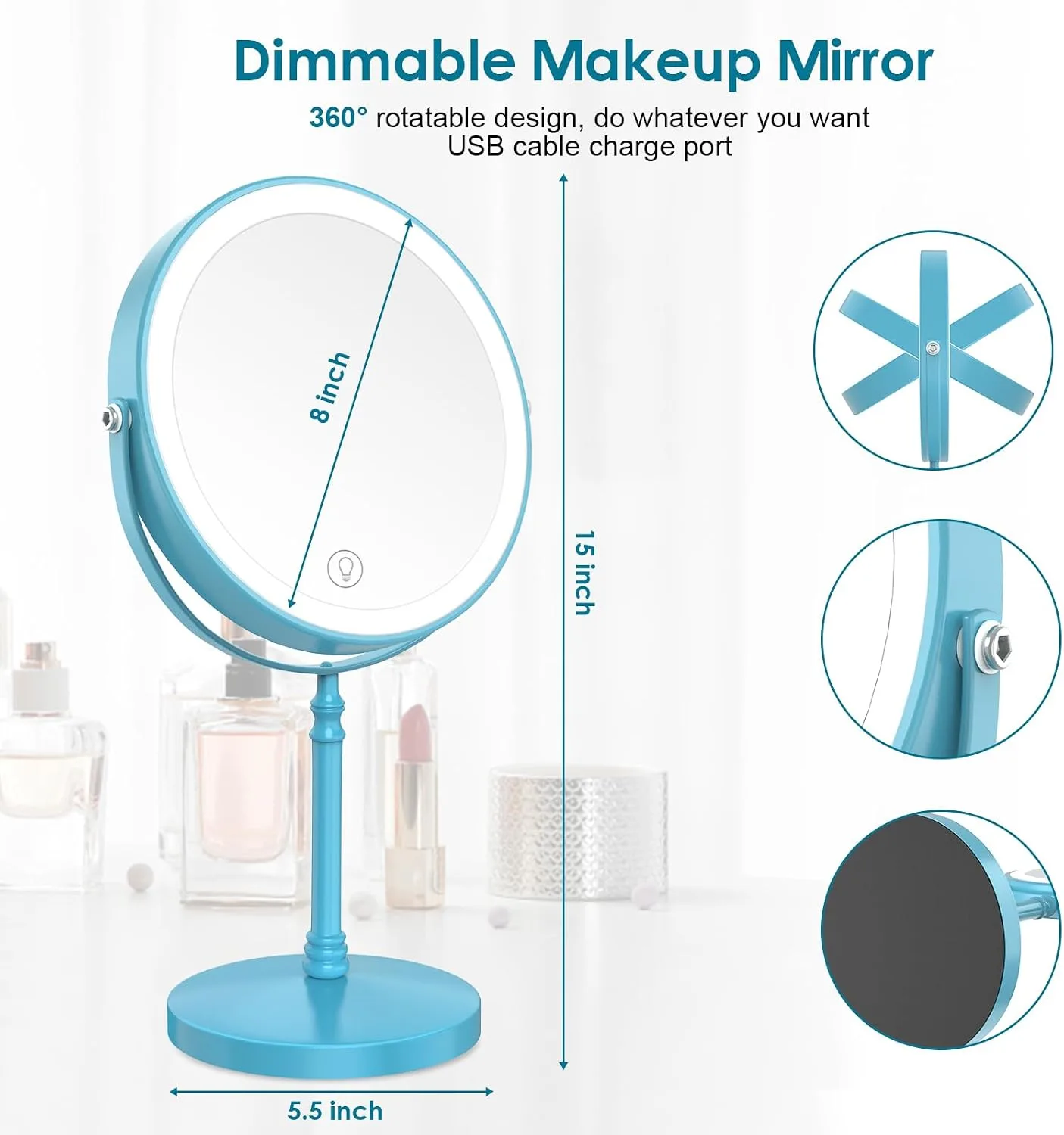 DEIOVWXS Makeup Mirror, Rechargeable Vanity Mirror with 3 Lights, 1X/10X