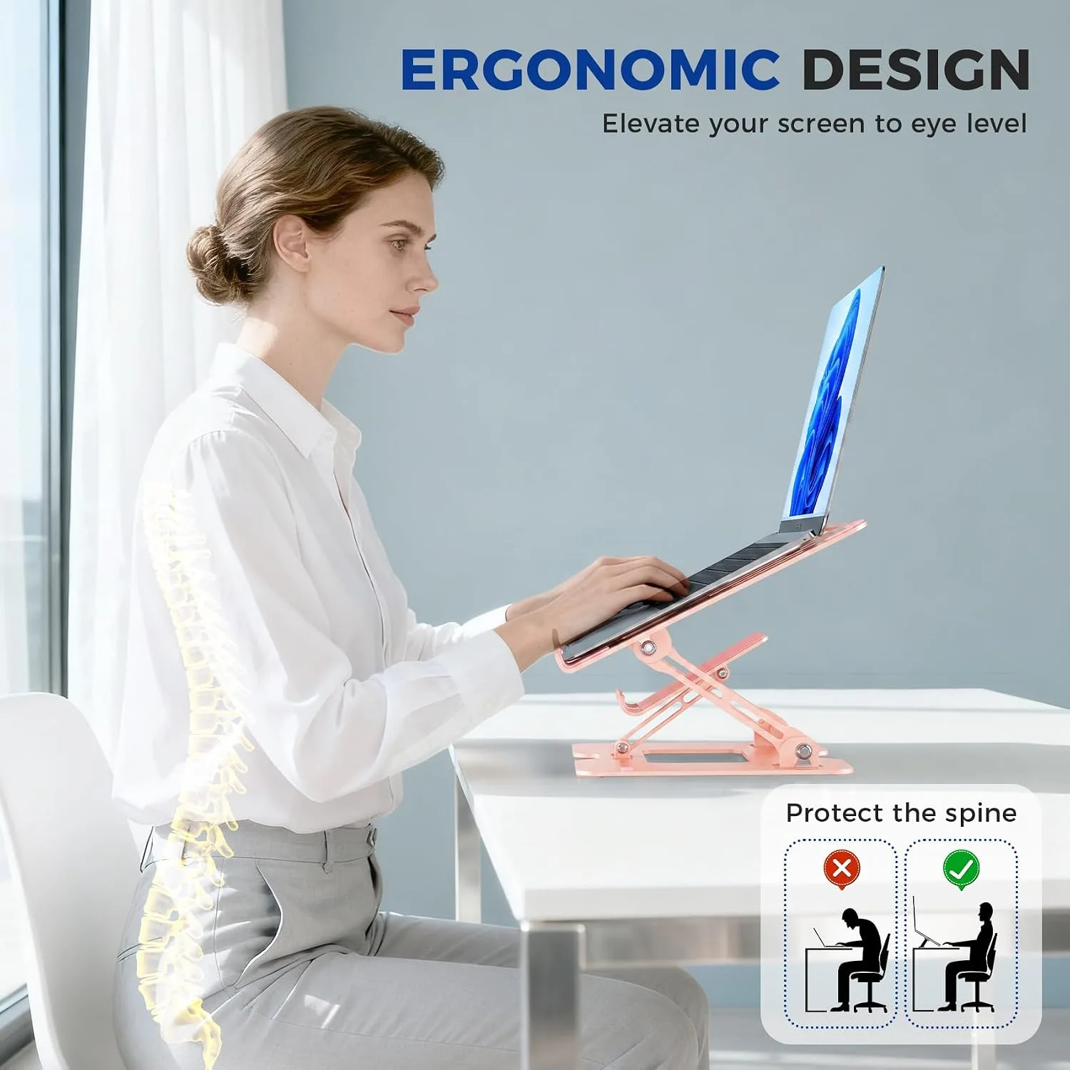 Ergonomic 2-in-1 Laptop Phone Stand for Desk, Pink Laptop Stand Adjustable Riser, Sturdy and Portable, Fits All Laptops and Phone (Pink)