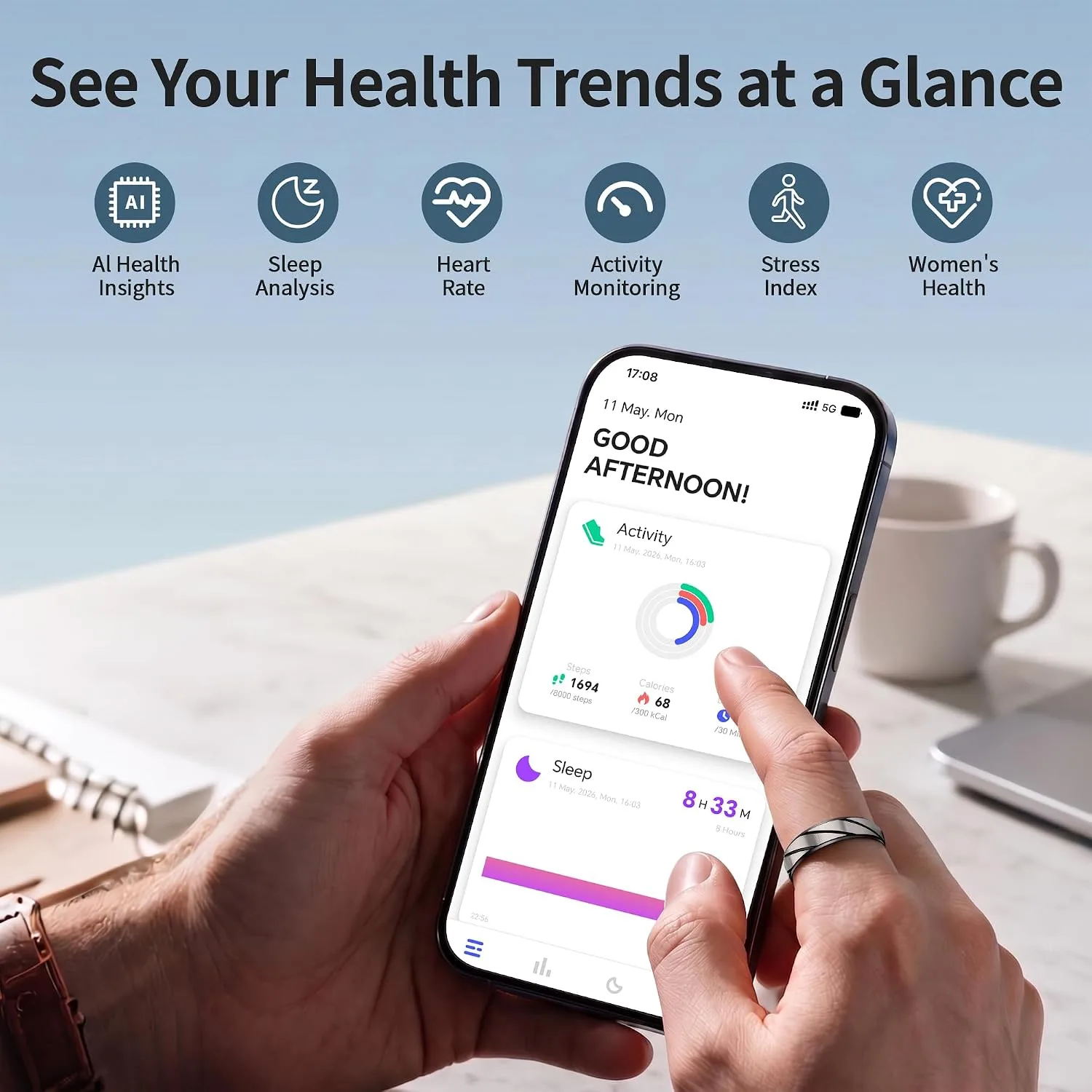 Smart Ring, Fitness Ring, Health Tracker, Sleep HRV, No Subscription