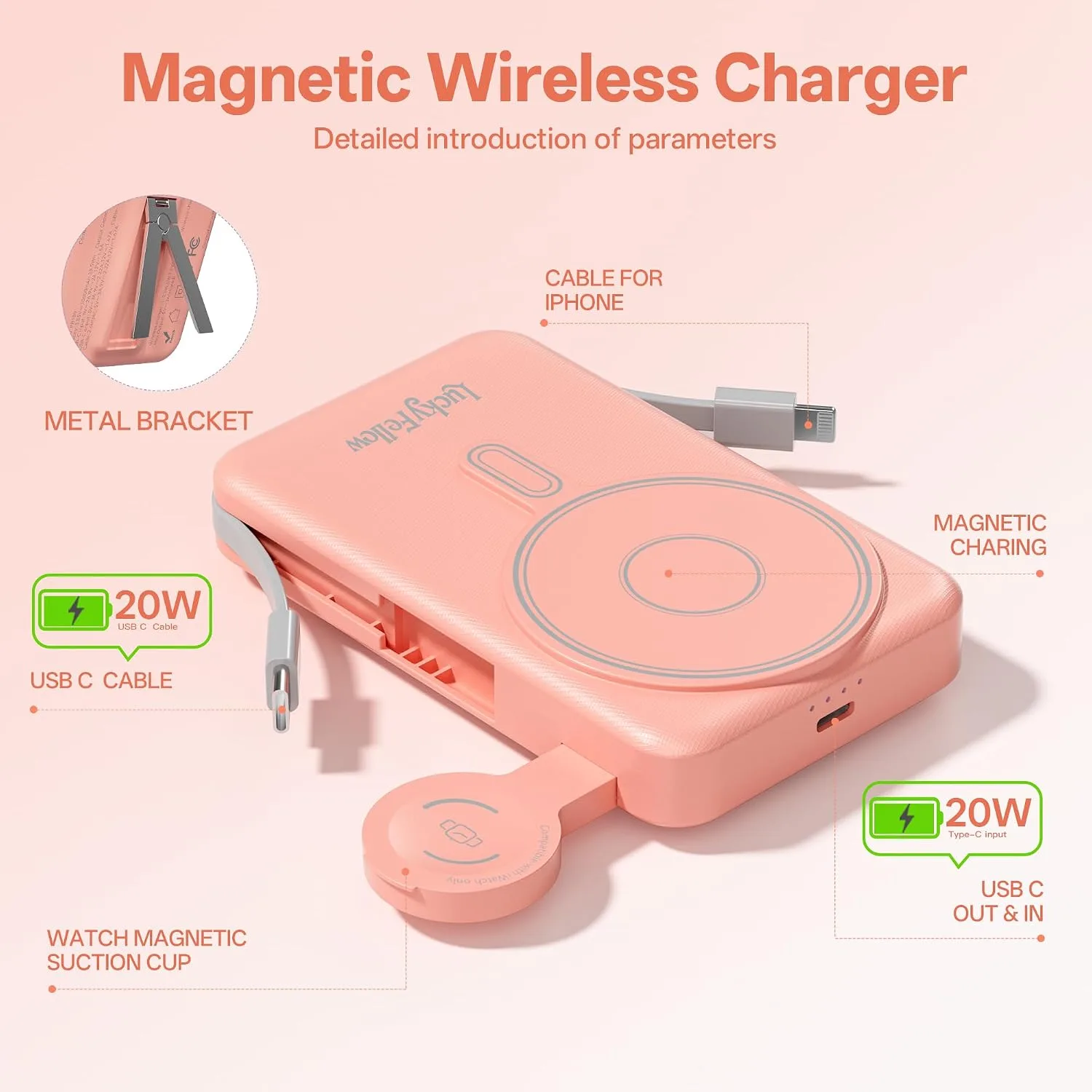 Magnetic Portable Charger Built-in Cables,10000mAh Fast Charging Wireless Charger Station External Battery Pack Slim Pocket Size Power Bank with Stand Compatible with iWatch, iPhone