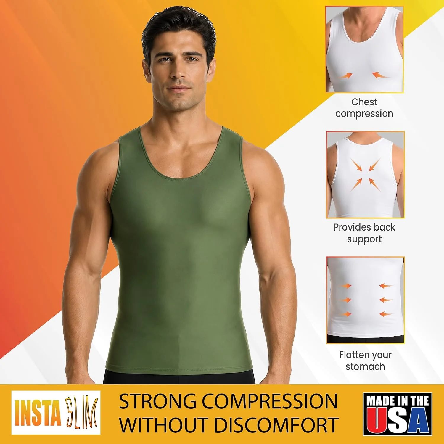 Insta Slim - Made in USA 3 Pack Compression Muscle Tank Body Shapers for Men. Back Support, Slimming Shapewear Undershirt