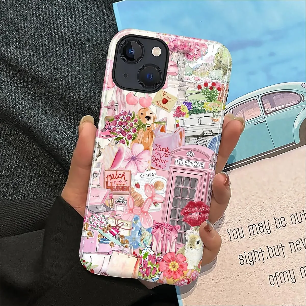 DAIZAG Case for iPhone 14 Plus,Mixed 2 Layer Design Shockproof Soft TPU Ddouble Protection Phone Case for iPhone 14 Plus-Cute Pink Animal Garden Collage