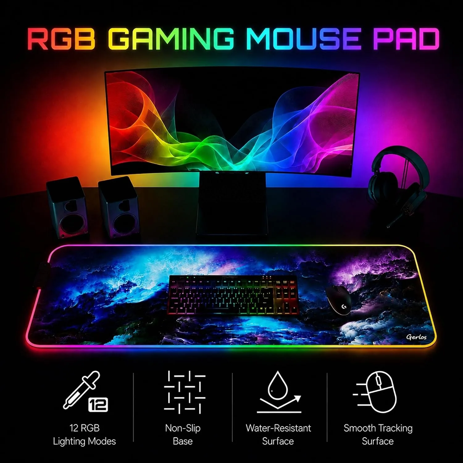 Gerlos RGB Gaming Mouse Pad, Large LED Mouse Pad for Gamer, 31.5" x 11.8"
