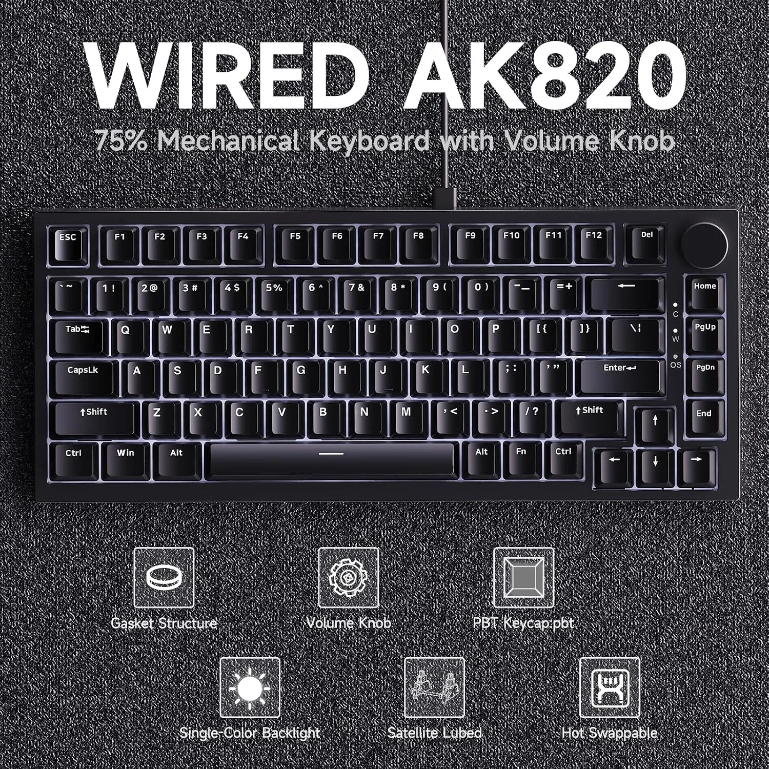 Ajazz AK820 75% Mechanical Gaming Keyboard, Wired Gasket Mount Hot-Swappable Keyboard with Volume Knob, 5-Layer Sound Dampening, PBT Keycaps, 82 Keys, Black