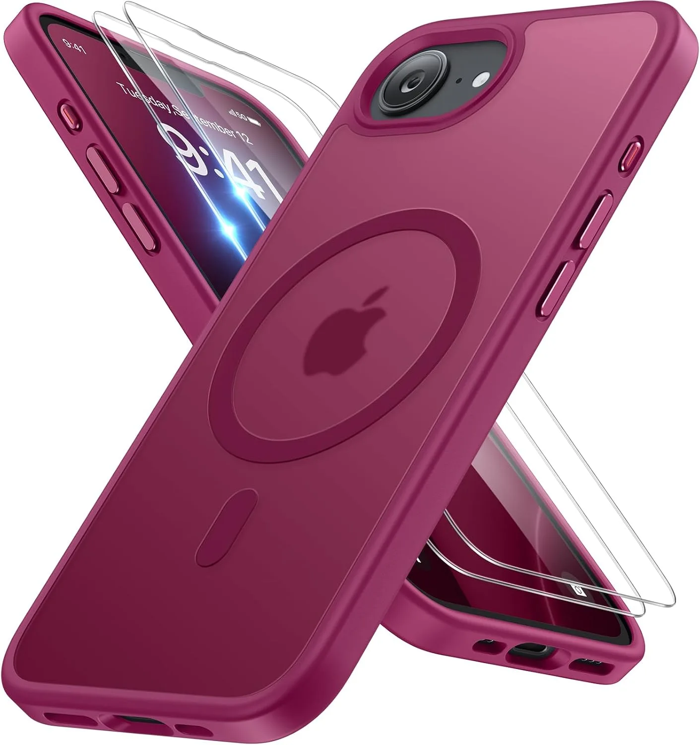 Miracase for iPhone 16e case & iPhone 17e Case for MagSafe [with 2×9H+ Screen Protectors] TOP Military-Grade Protection Shockproof with Velvet Touch for iPhone 16e/17e Phone Case 6.1", Matte Wine Red