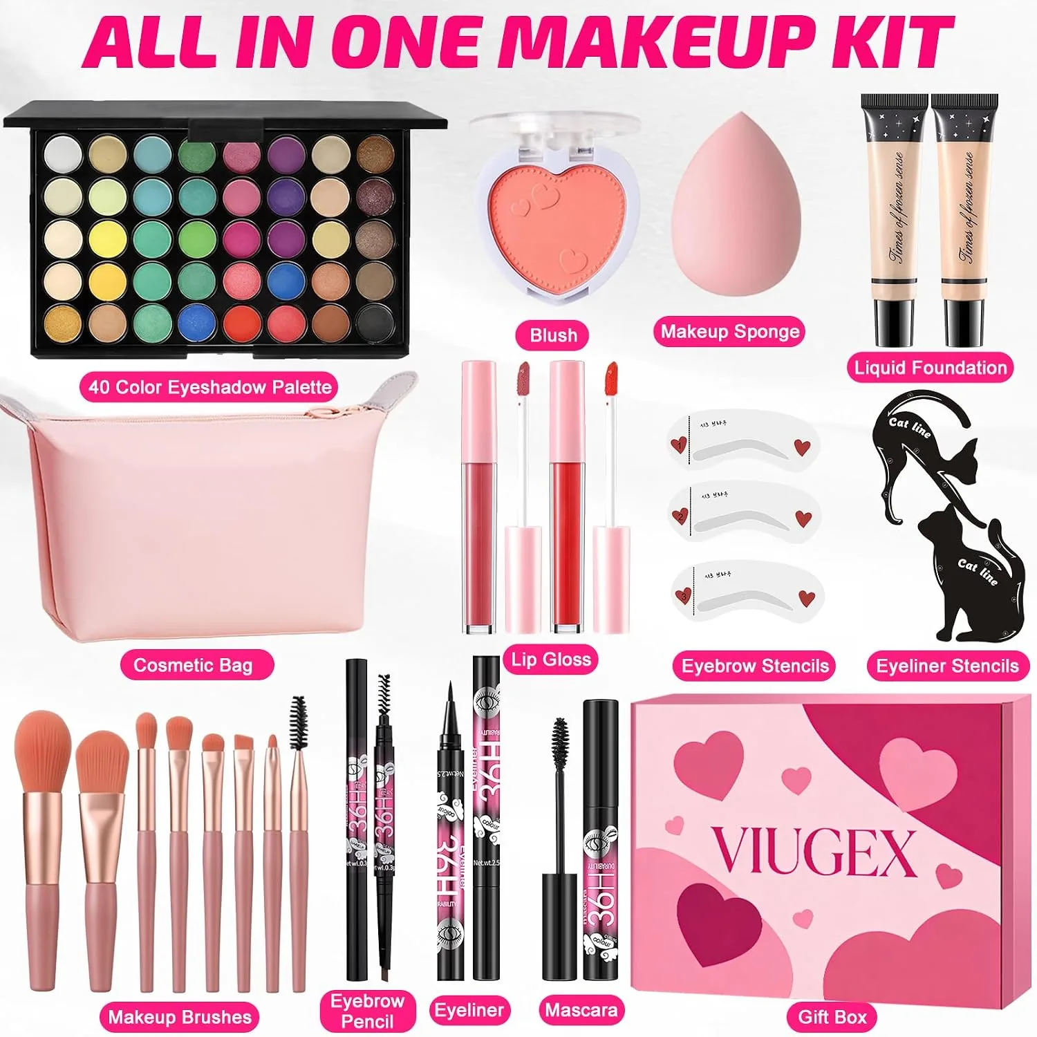 Makeup Set for Women, All in One Make Up Kit for Teen Girls Beginners, Travel Makeup Gift Set, Includes Foundation Eyeshadow Palette Blush Lipgloss Eyeliner Mascara Eyebrow Pen Cosmetic Brush Set