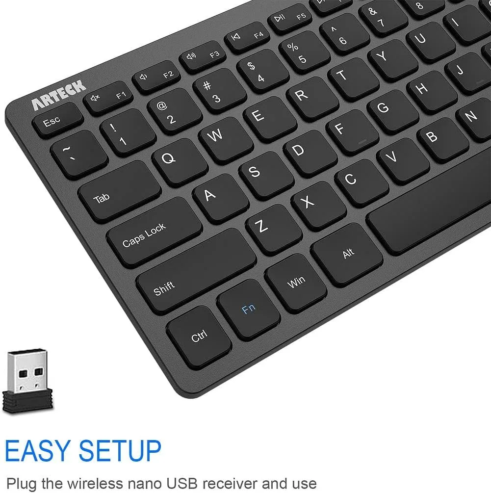 Arteck 2.4G Wireless Keyboard Ultra Slim and Compact Keyboard with Media Hotkeys for Computer Desktop PC Laptop Surface Smart TV and Windows 11/10/8/7, Black