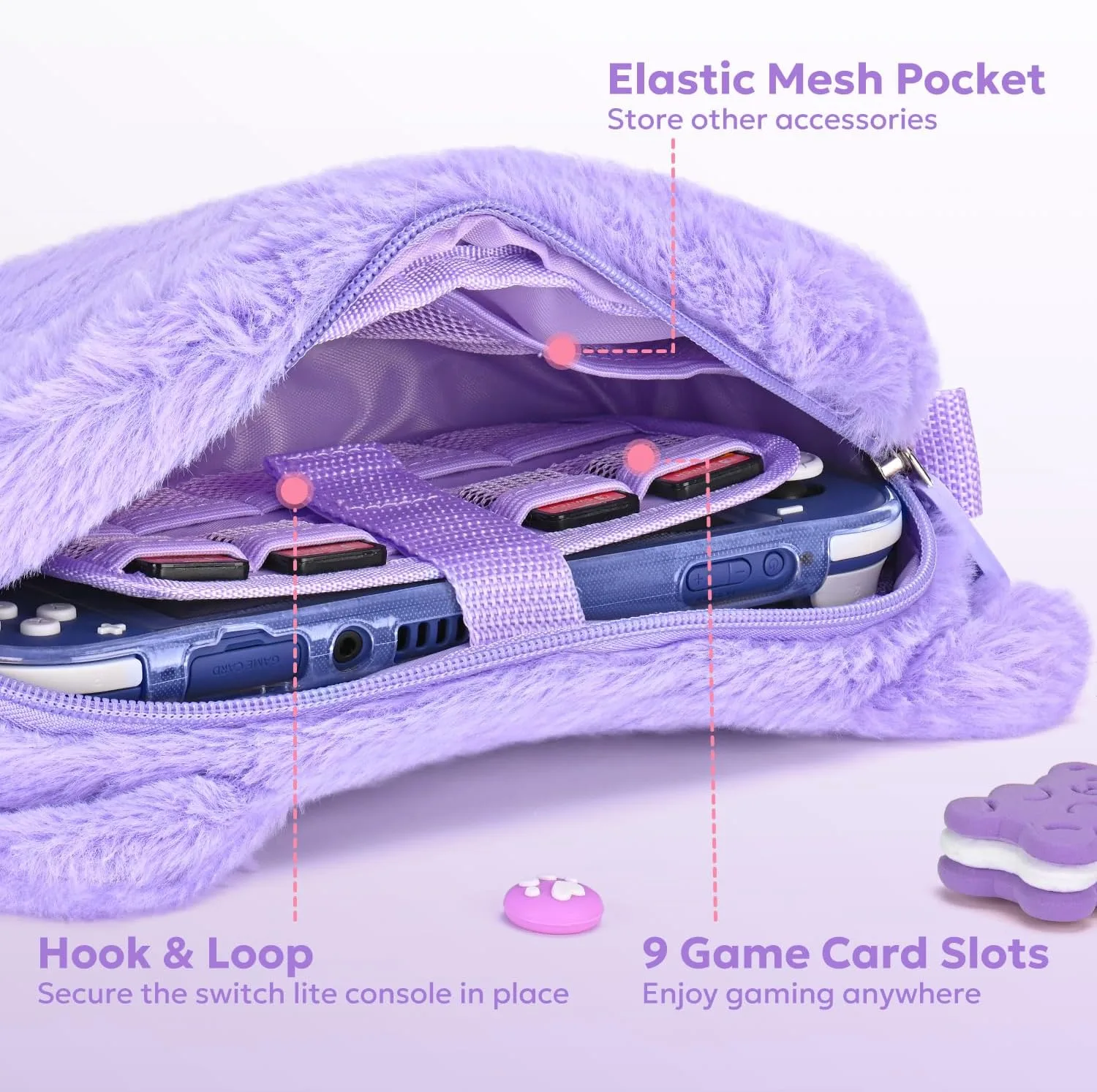 innoAura Switch Lite Case 14-in-1 Accessories Bundle for NS Switch Lite (2019), with Protective Carrying Case, Game Holder, Screen Protector & Cute Thumb Grips, Purple Cat Plush Bag
