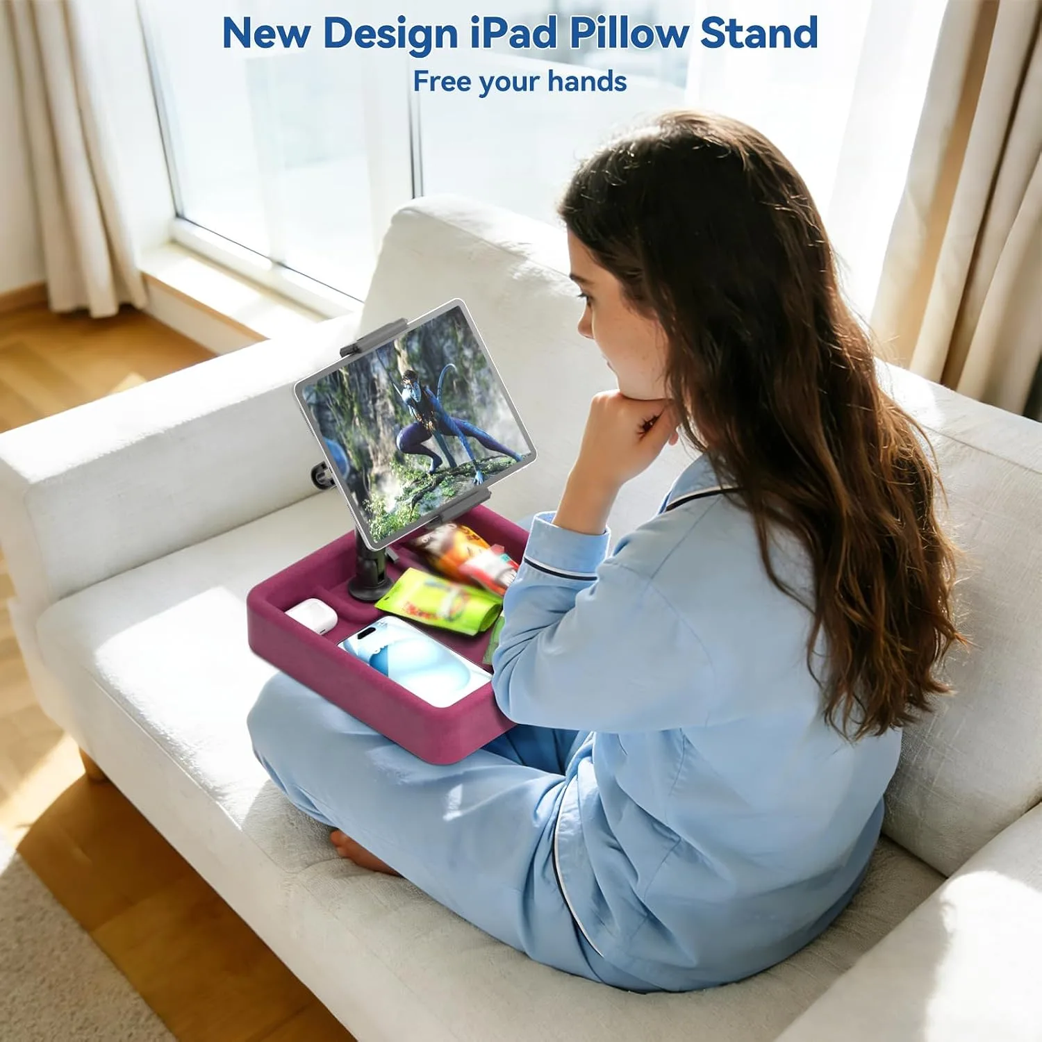 KDD Tablet Pillow Stand - Multi-Angle Adjustable iPad Holder for Lap, Bed and Desk - Foldable Kindle Soft Pad Dock with Storage Tray Compatible with iPad Pro 12.9, Air Mini, Phone, E-Reader