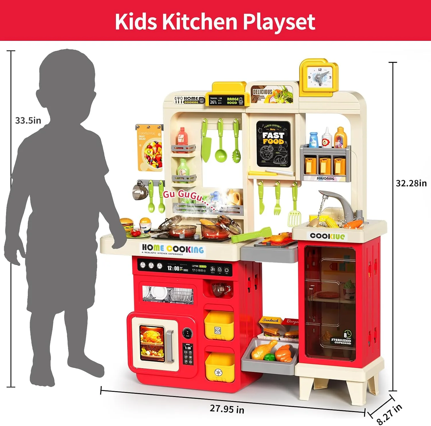 Pupu Pig Play Kitchen, Kids Kitchen Playset with Steam, Lights and Sounds
