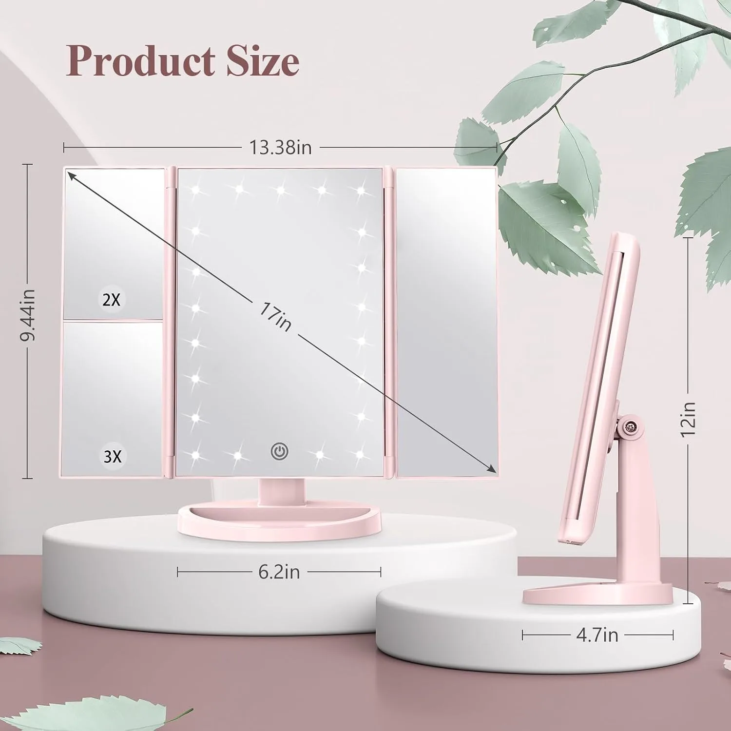 HUONUL 2X/3X/10X Magnifying Vanity Mirror with Light, Trifold Makeup Mirror