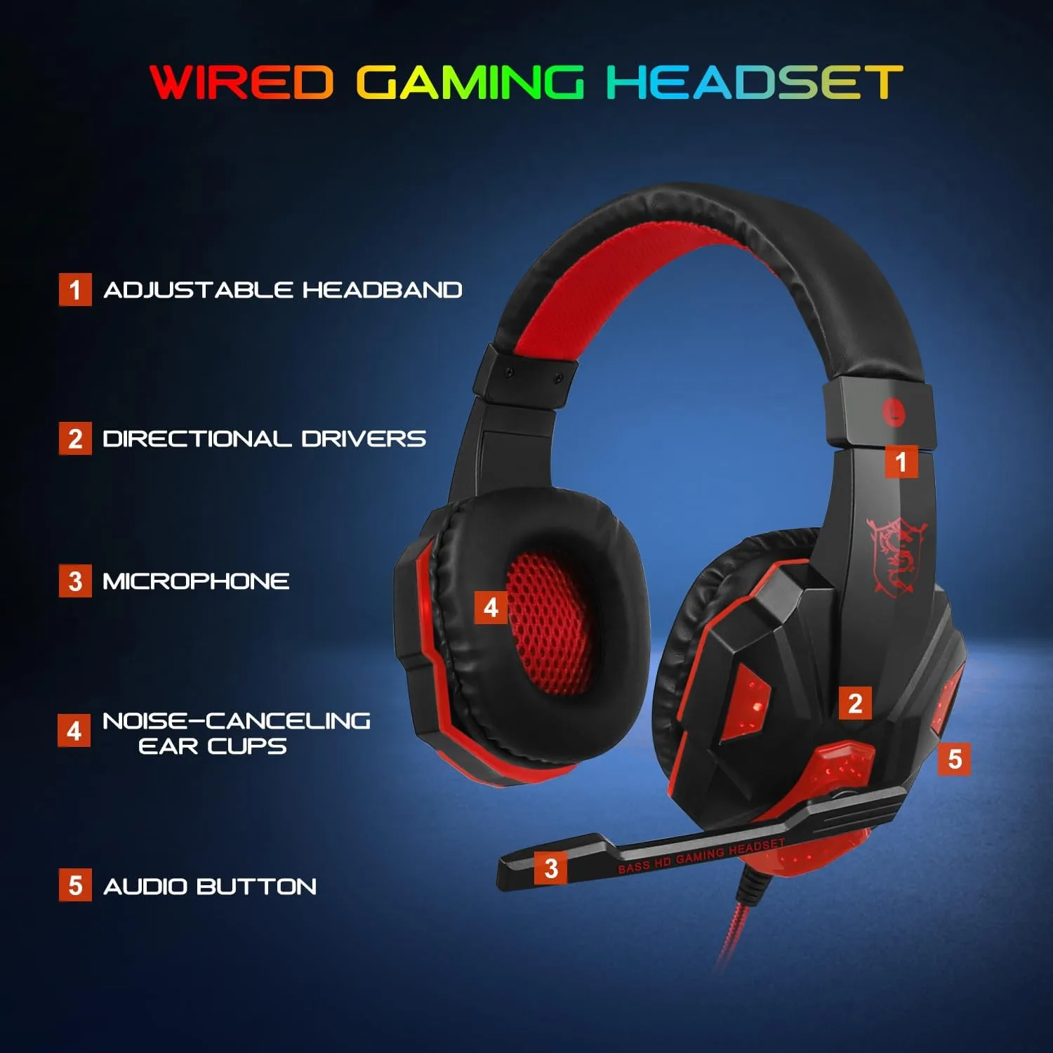BlueFinger Gaming Keyboard Mouse Headset Combo, USB Wired Crack Backlit,114 Keys Letters Glow LED Keyboard, Red LED Light Headset for Laptop PC Computer Work and Game