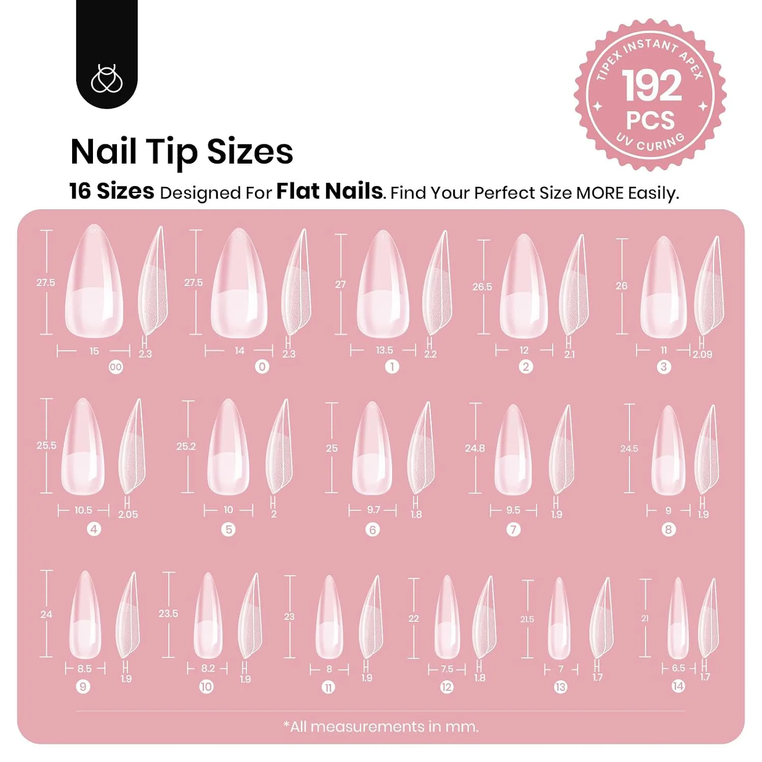 Beetles Tipex Instant Apex Nail Tips, Medium Stiletto 192pcs 16 Sizes 00-14