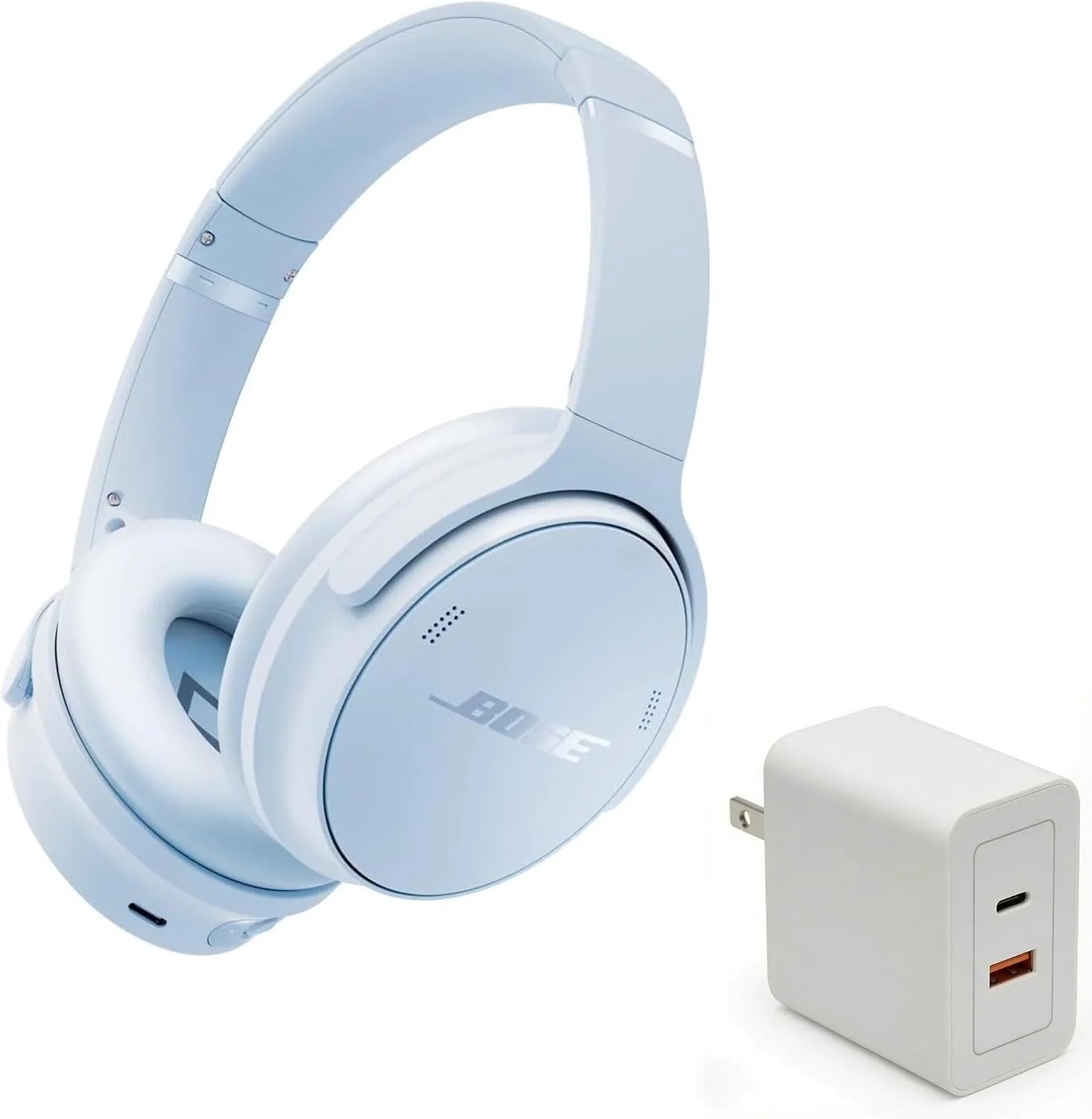 Bose QuietComfort Headphones Bundle with Fast Charger - Wireless Bluetooth Over-Ear Noise Cancelling Headphones with Mic, USB-C Charging, Deep Bass, Up to 24 Hours Playtime (Ice Blue)