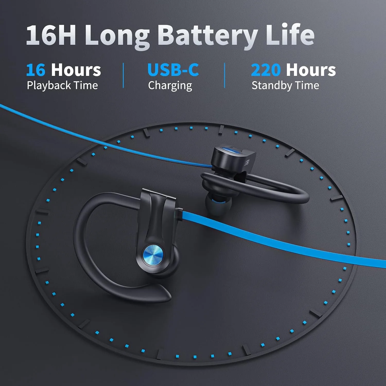 JOYWISE Wireless Headphones Bluetooth 5.3 Headphones with 16 Hours Playtime, Over-Ear Stereo Bass Earphones with Earhooks Headset, Sports Earbuds with Storage Bag for Running, Blue