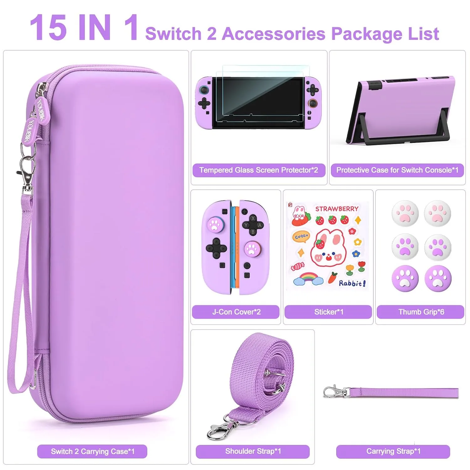 Younik Switch 2 Accessories Bundle, 15 in 1 Purple Switch 2 Accessories Kit for Girls Include Switch 2 Carrying Case, Shoulder Strap, Wrist Strap & Stickers, Protective Case for Switch Console & J-Con